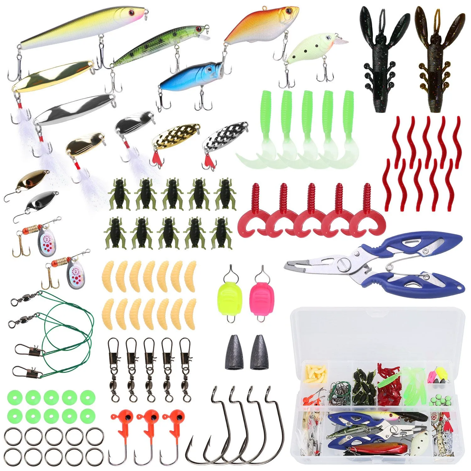 101Pcs Fishing Lures Kit Soft Plastic Fishing Baits Set Spoon Fishing Gear Tackle with Soft Worms Crankbaits Box for Freshwater Saltwater to Bait Bass