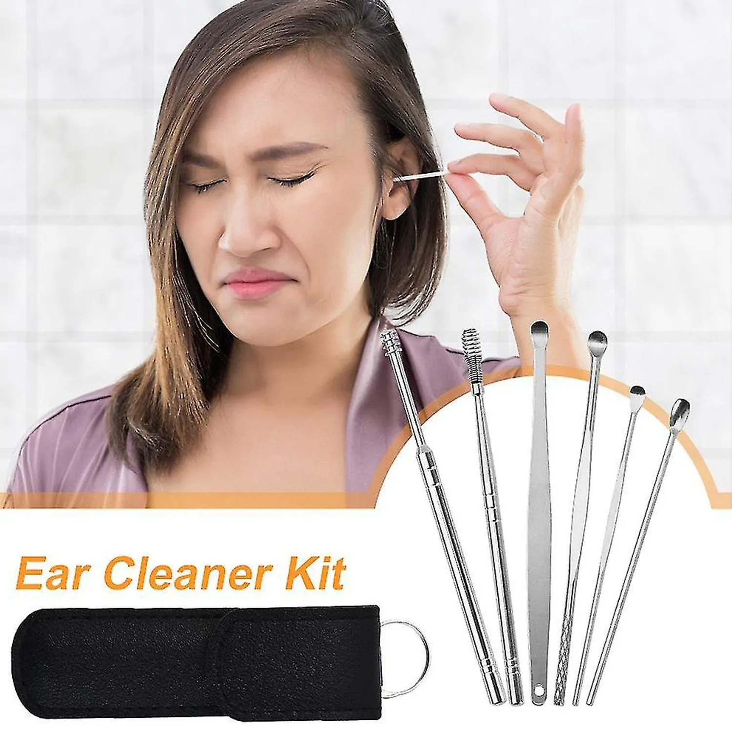 6-in-1 Ear Wax Cleaner- Resuable Ear Cleaning Tools Leather Pouch - Ear Pick Wax Remover Tool Kit with Ear Curette Cleaner and Spring Ear Buds Cleaner Fit in Pocket Great for Traveling