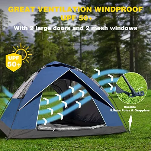 anngrowy Camping Tents 4 Person Instant Pop Up Tent for Camping Waterproof Cabin Tents for Camp Easy Set up 2 in 1 Family Dome Tent with Rainfly Sun Shelter for Hiking & Traveling & Beach