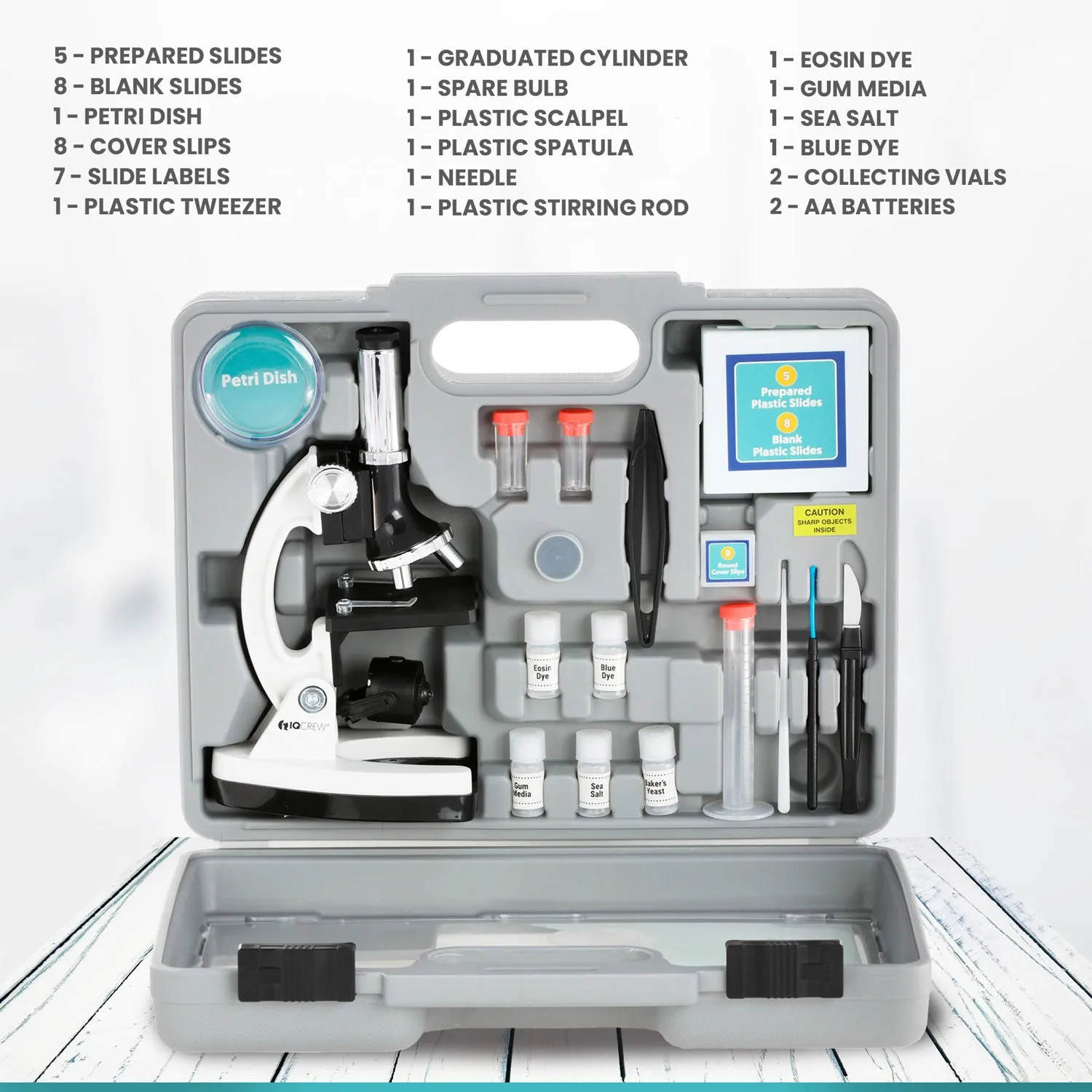 IQCrew By AmScope M30 Series 52-pcs STEM Microscope Kit for Kids 120X-1200X Magnification with Metal Body, Plastic Slides, LED Light and Storage Box