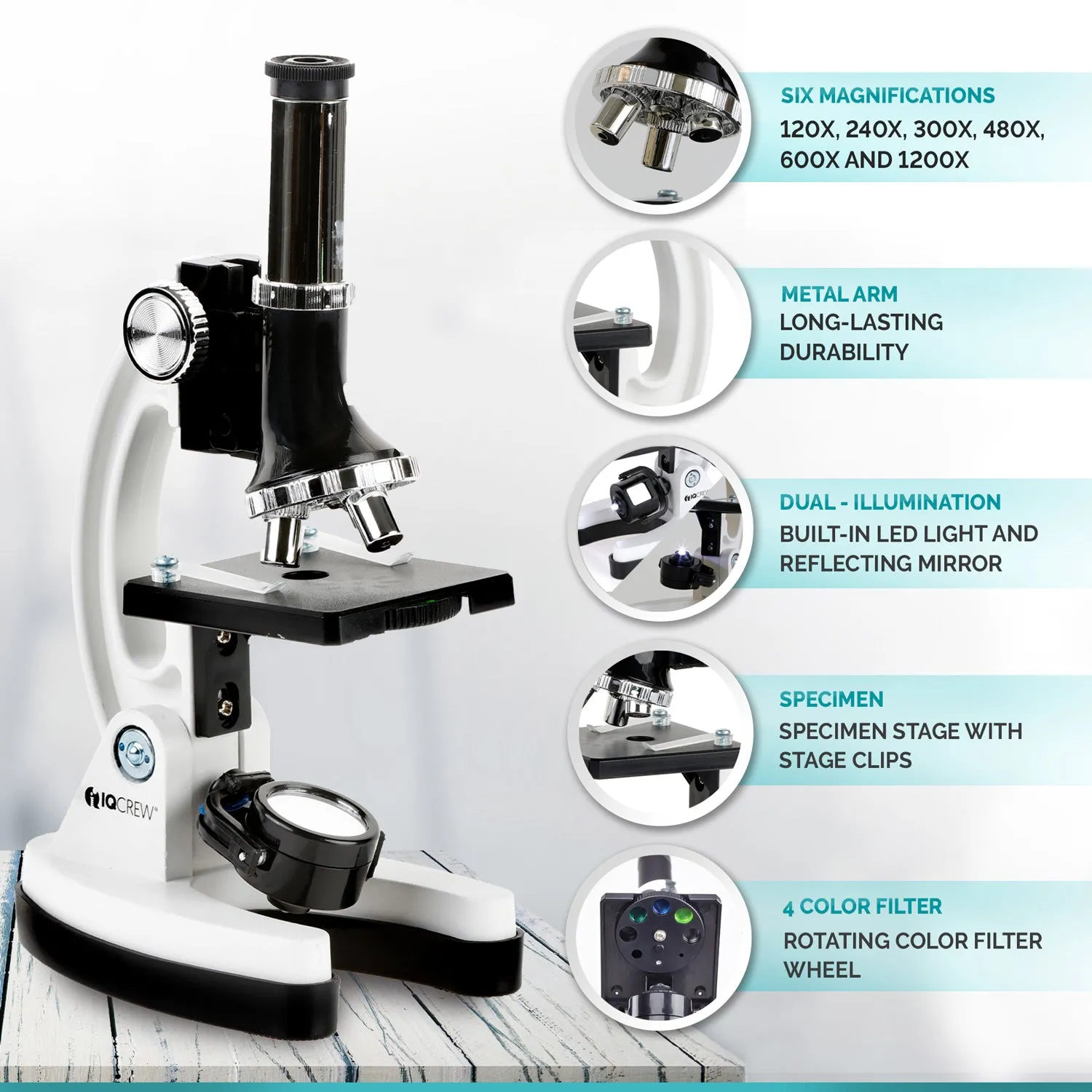 IQCrew By AmScope M30 Series 52-pcs STEM Microscope Kit for Kids 120X-1200X Magnification with Metal Body, Plastic Slides, LED Light and Storage Box