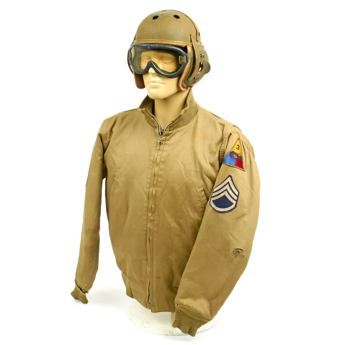 Authentic WWII U.S. 3rd Armored Division Staff Sergeant Tanker Collection- Includes Jacket, M38 Helmet, and Polaroid Goggles