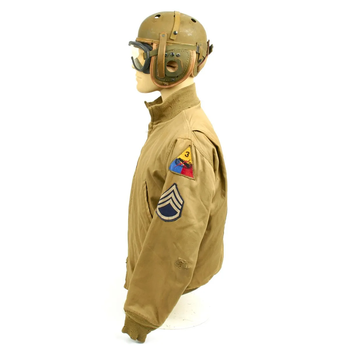 Authentic WWII U.S. 3rd Armored Division Staff Sergeant Tanker Collection- Includes Jacket, M38 Helmet, and Polaroid Goggles