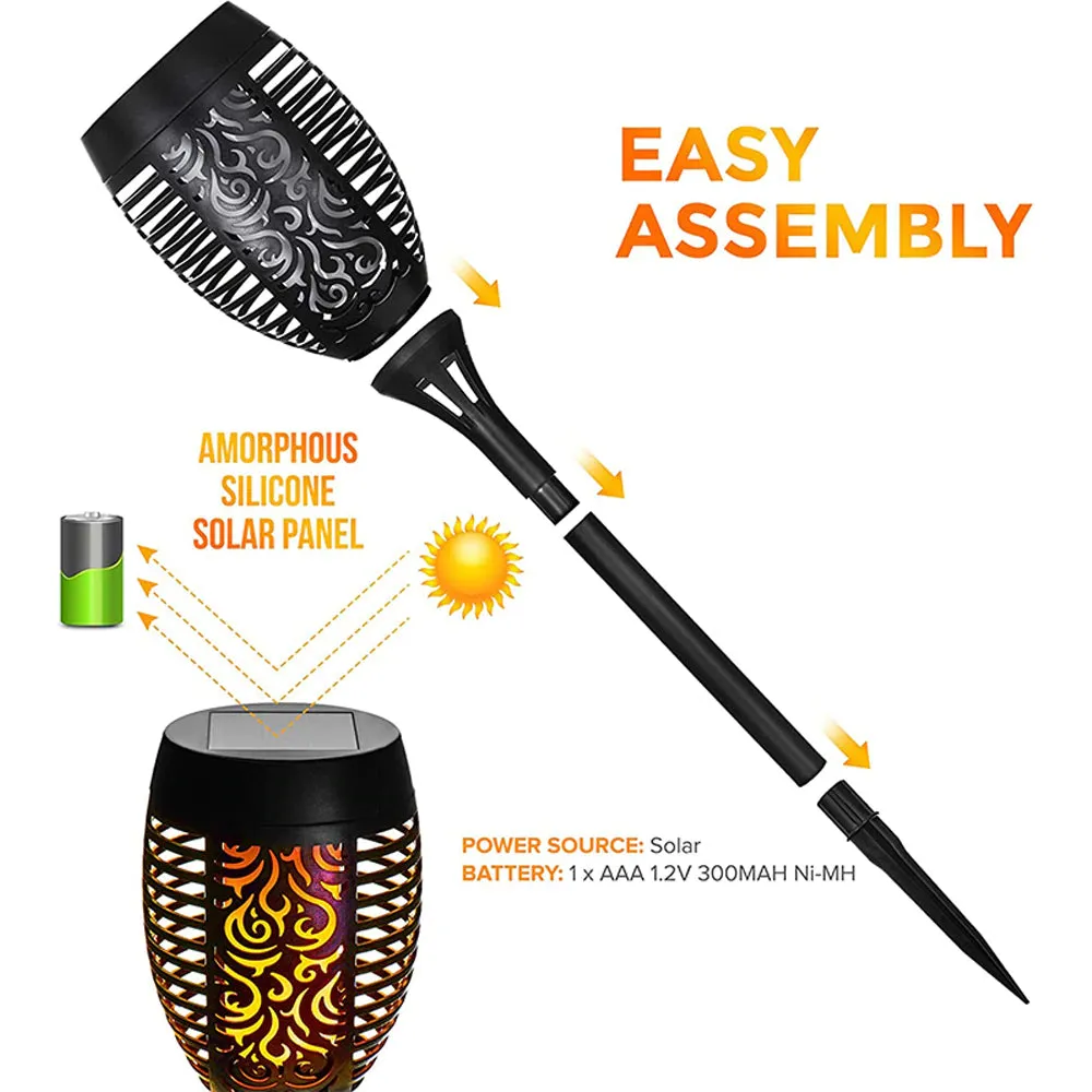 Pack of 2 Solar Powered Adjustable Spike Light with Flame Effect, Dusk to Dawn Auto On/Off, 2700K