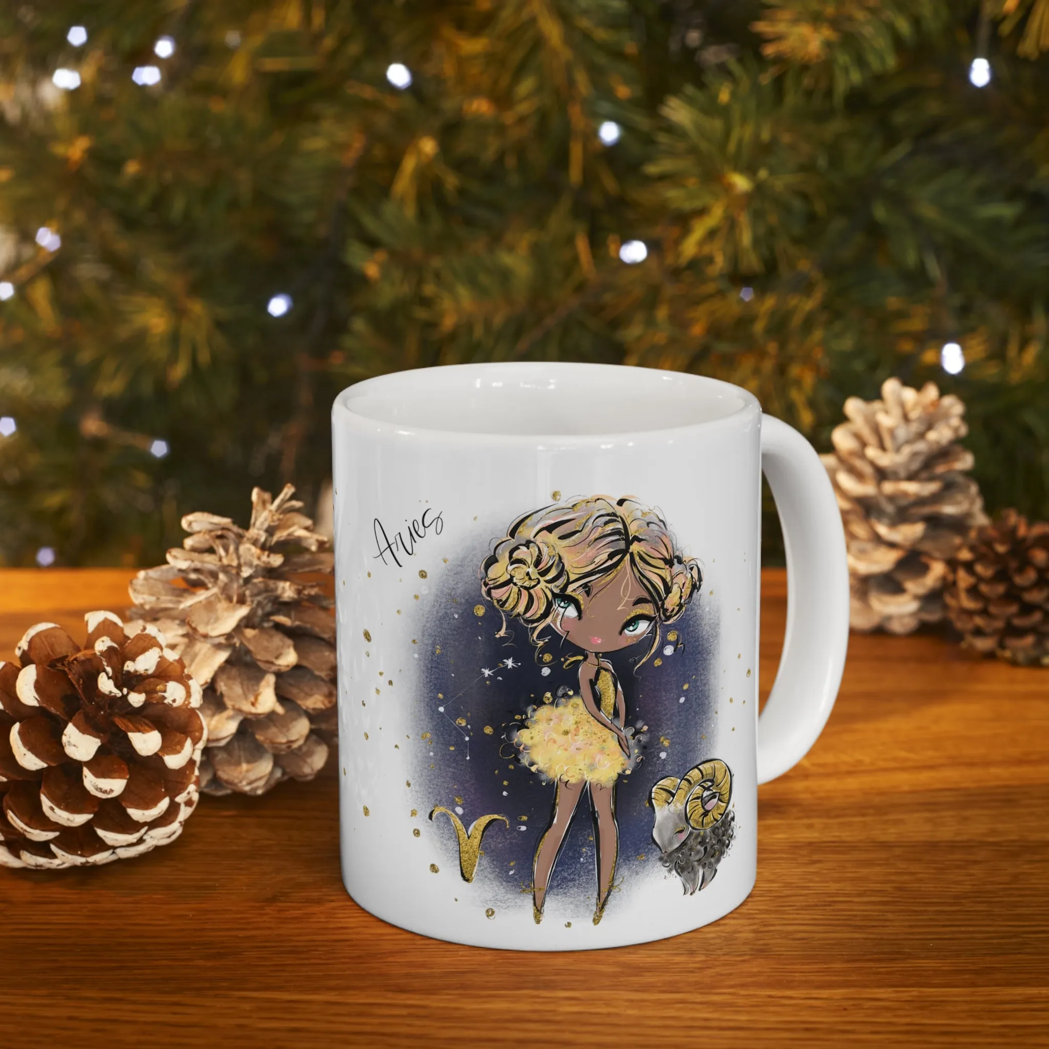 Personalised/Non Personalised Zodiac Sign, Aries, Ceramic Mug 11oz Blonde Hair - Blue Eyes - Bg