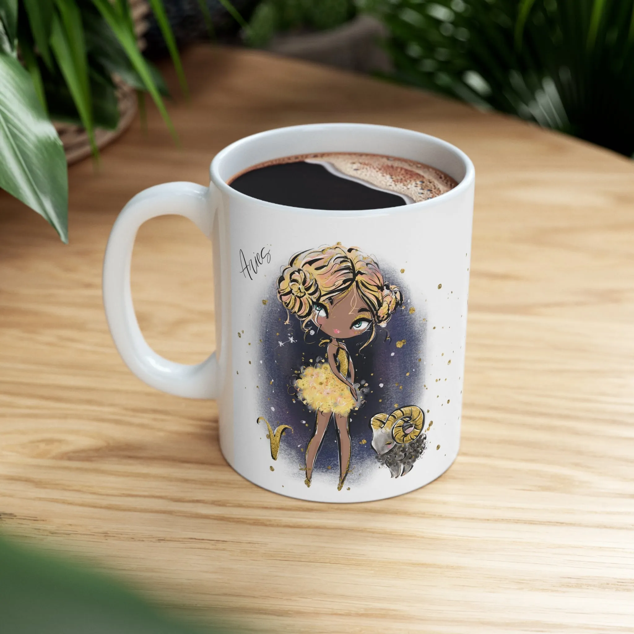 Personalised/Non Personalised Zodiac Sign, Aries, Ceramic Mug 11oz Blonde Hair - Blue Eyes - Bg