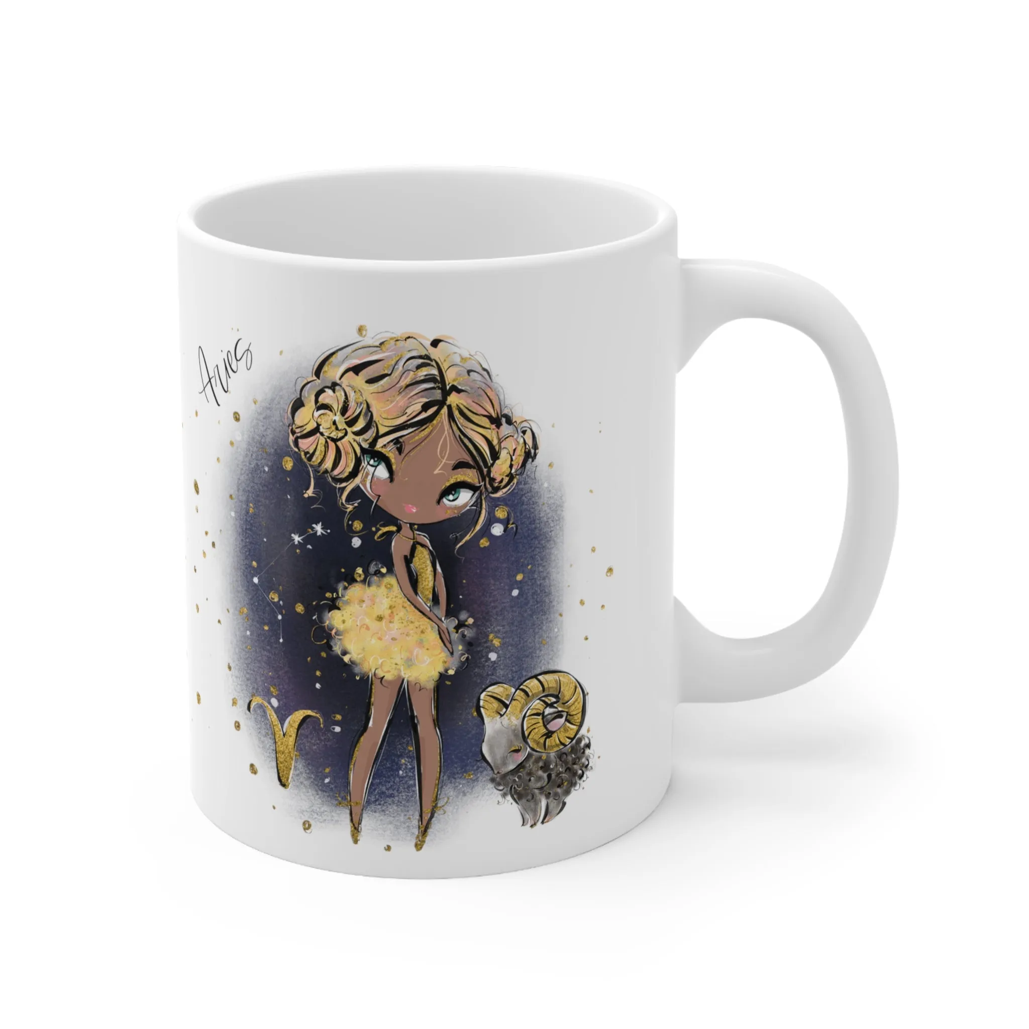 Personalised/Non Personalised Zodiac Sign, Aries, Ceramic Mug 11oz Blonde Hair - Blue Eyes - Bg