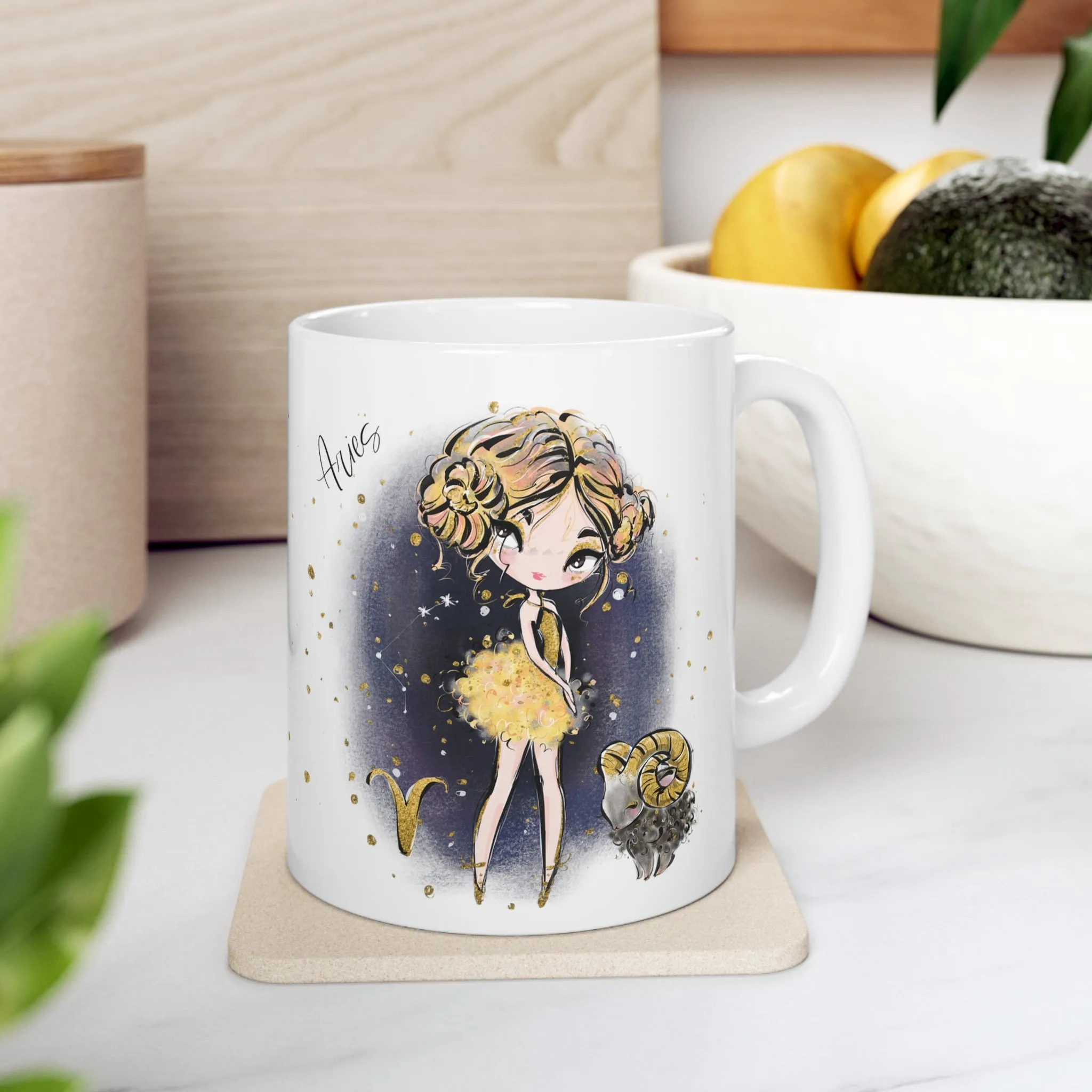 Personalised/Non Personalised Zodiac Sign, Aries, Ceramic Mug 11oz Blonde Hair - Brown Eyes