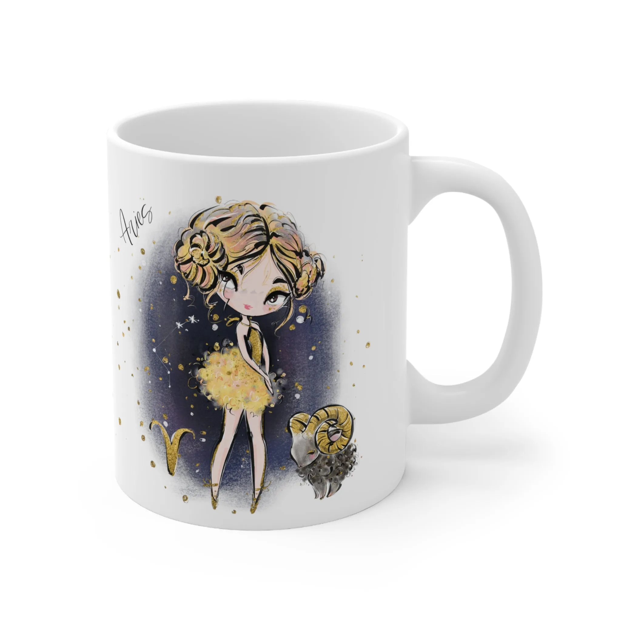 Personalised/Non Personalised Zodiac Sign, Aries, Ceramic Mug 11oz Blonde Hair - Brown Eyes