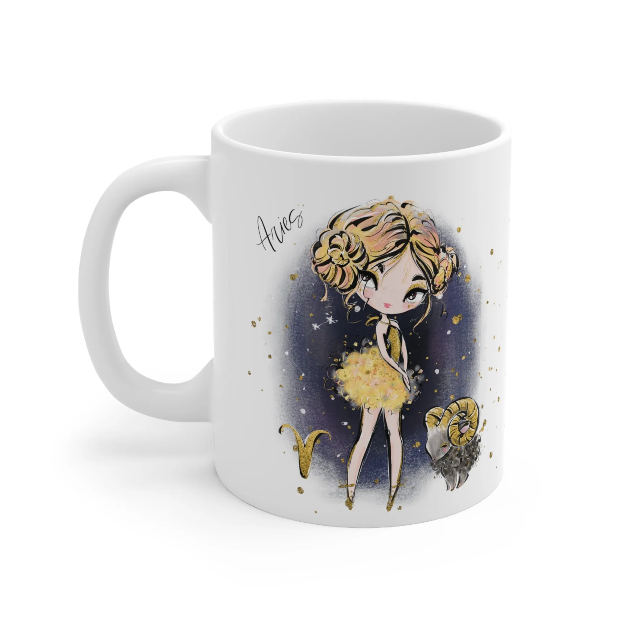 Personalised/Non Personalised Zodiac Sign, Aries, Ceramic Mug 11oz Blonde Hair - Brown Eyes