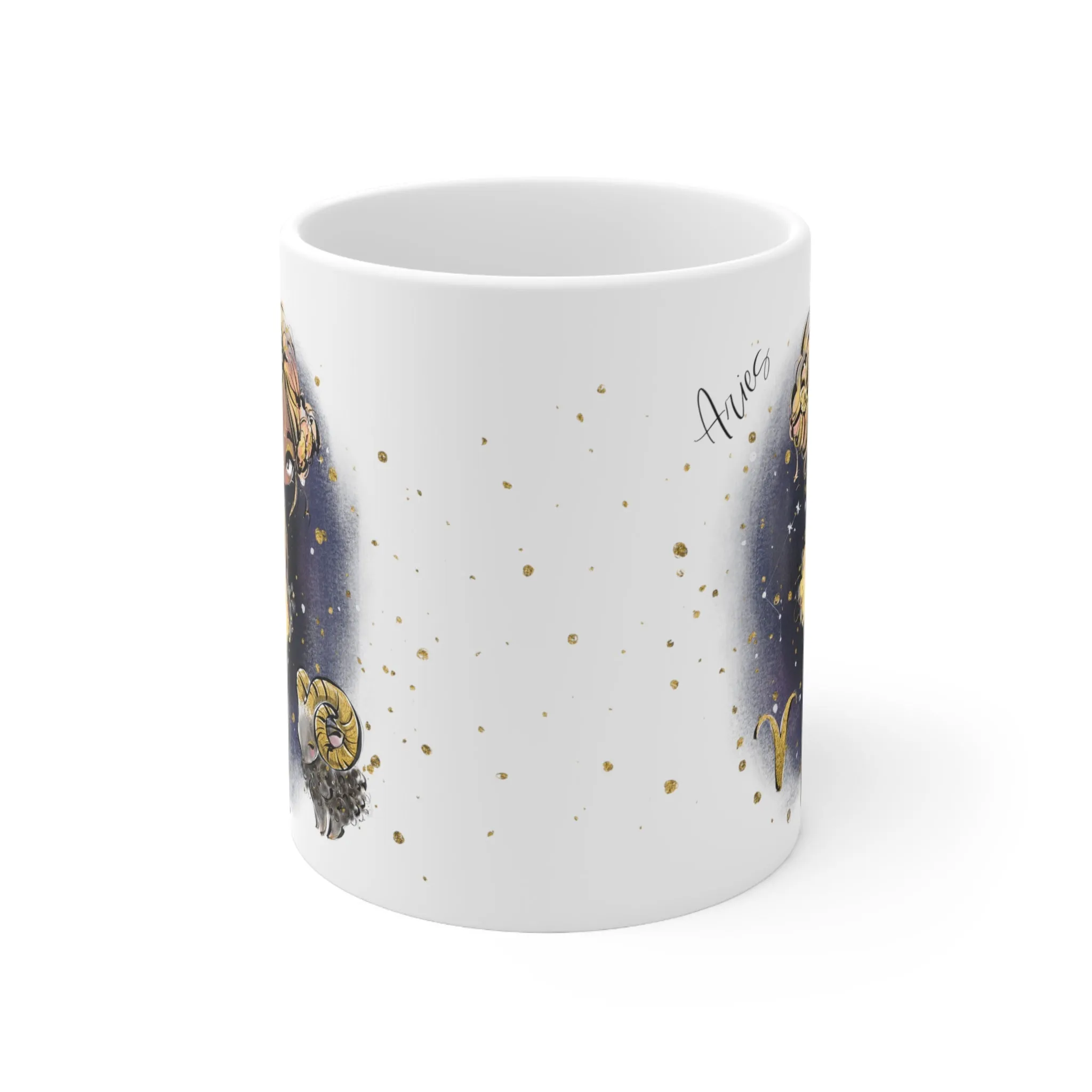 Personalised/Non Personalised Zodiac Sign, Aries, Ceramic Mug 11oz Blonde Hair - Olive Skin - Brown Eyes - Bg