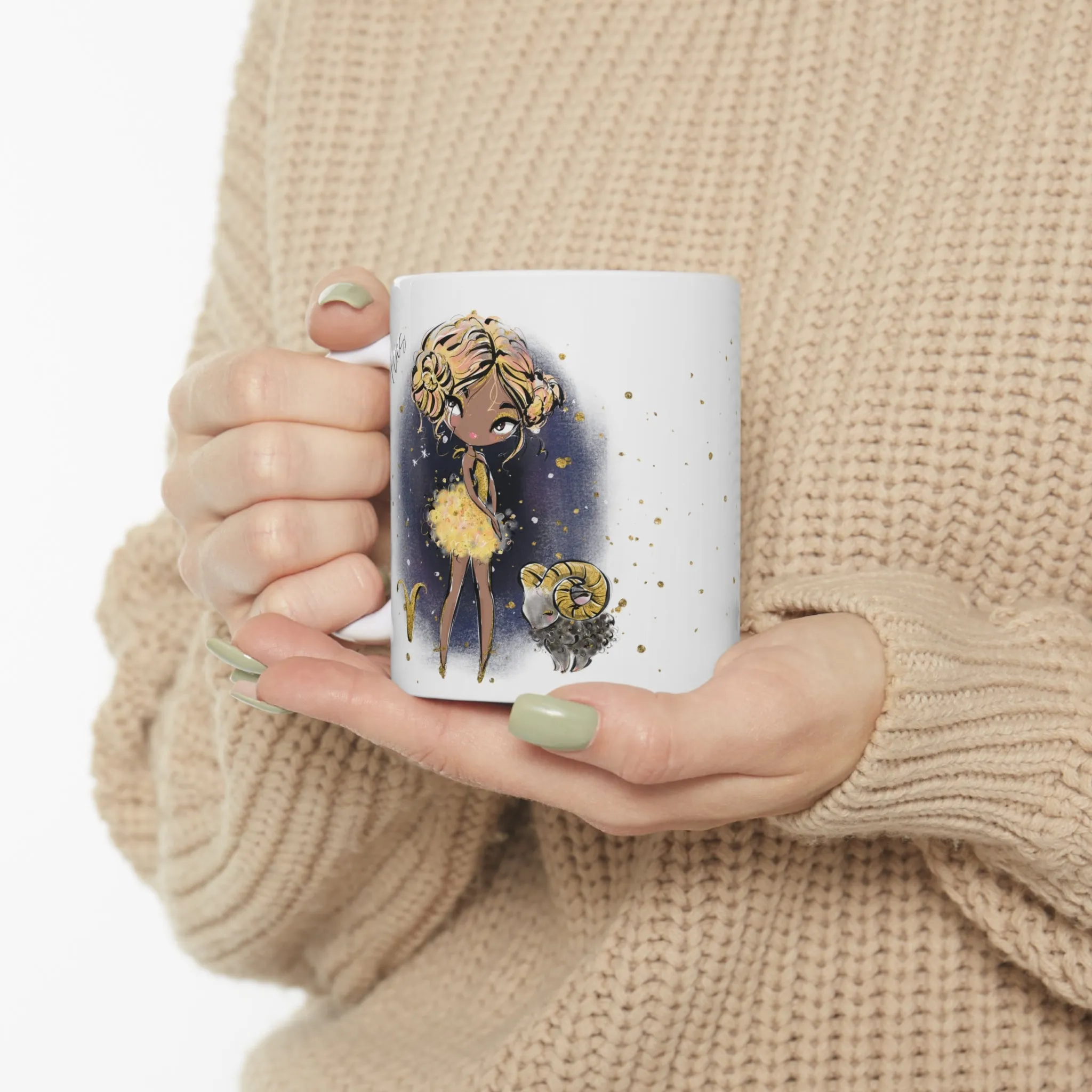 Personalised/Non Personalised Zodiac Sign, Aries, Ceramic Mug 11oz Blonde Hair - Olive Skin - Brown Eyes - Bg