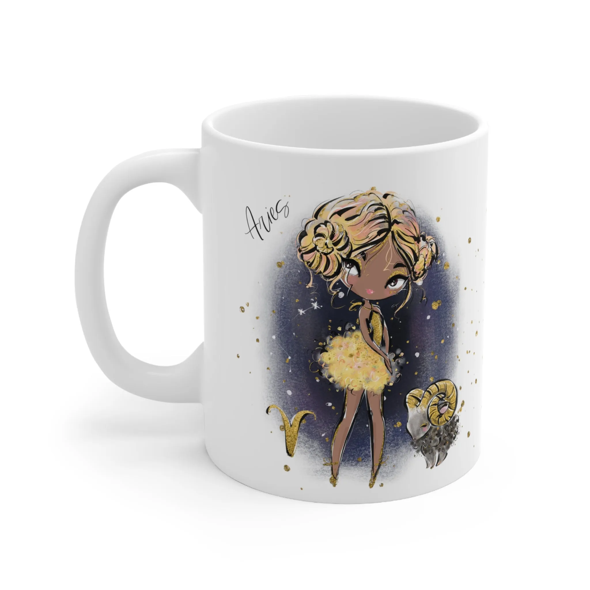 Personalised/Non Personalised Zodiac Sign, Aries, Ceramic Mug 11oz Blonde Hair - Olive Skin - Brown Eyes - Bg