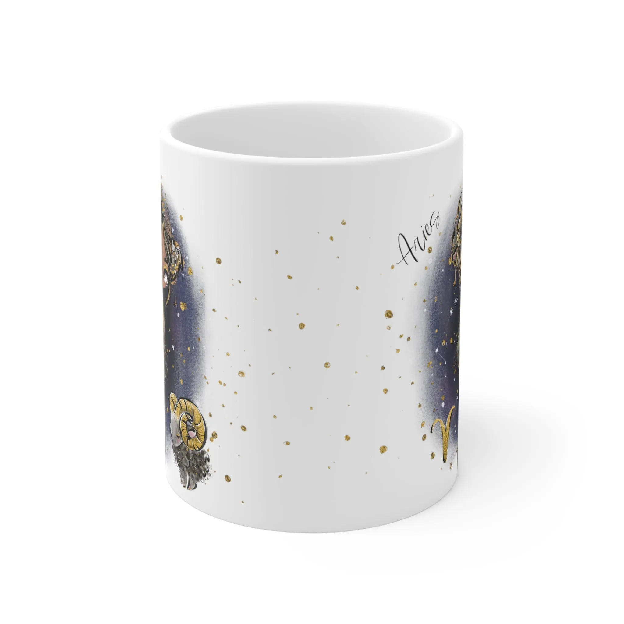 Personalised/Non Personalised Zodiac Sign, Aries, Ceramic Mug 11oz Brown Hair - Olive Skin - Brown Eyes - Bg