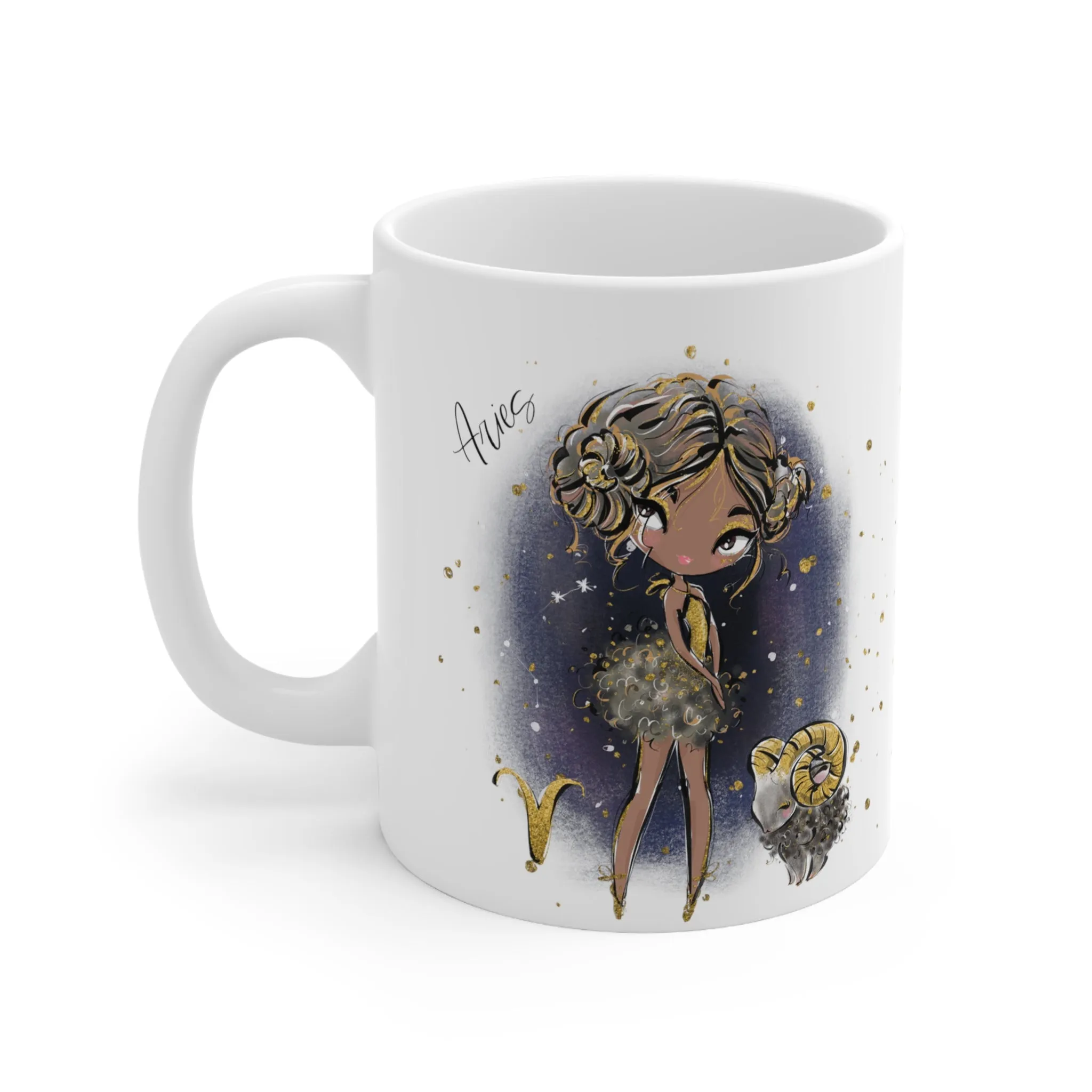 Personalised/Non Personalised Zodiac Sign, Aries, Ceramic Mug 11oz Brown Hair - Olive Skin - Brown Eyes - Bg