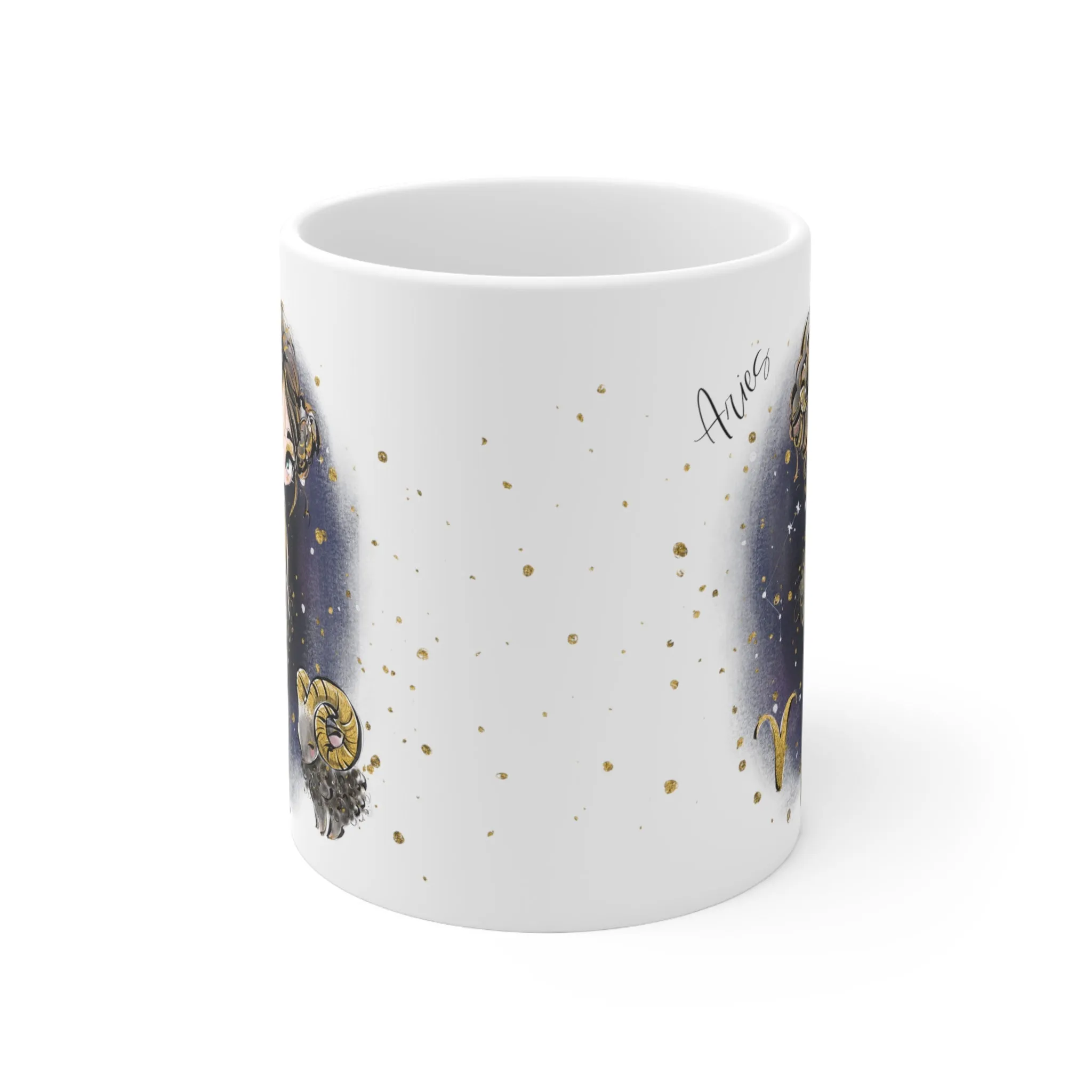 Personalised/Non Personalised Zodiac Sign, Aries, Ceramic Mug 11oz Brunette Hair - Blue Eyes - Bg