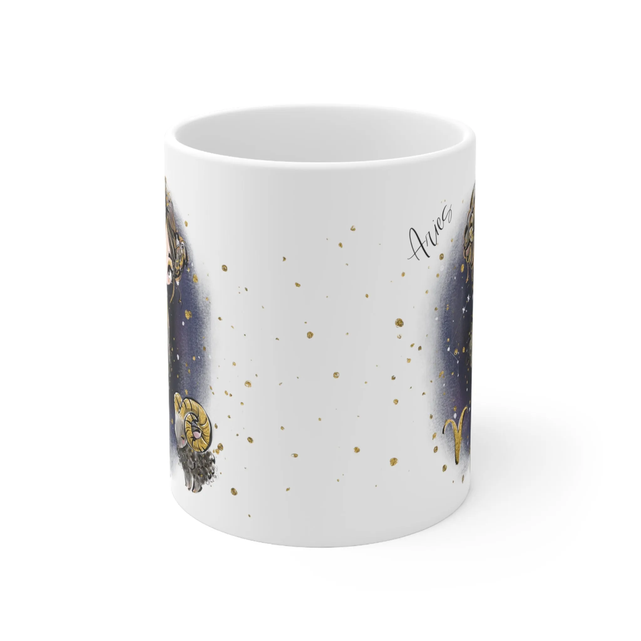 Personalised/Non Personalised Zodiac Sign, Aries, Ceramic Mug 11oz Brunette Hair - Brown Eyes - Bg