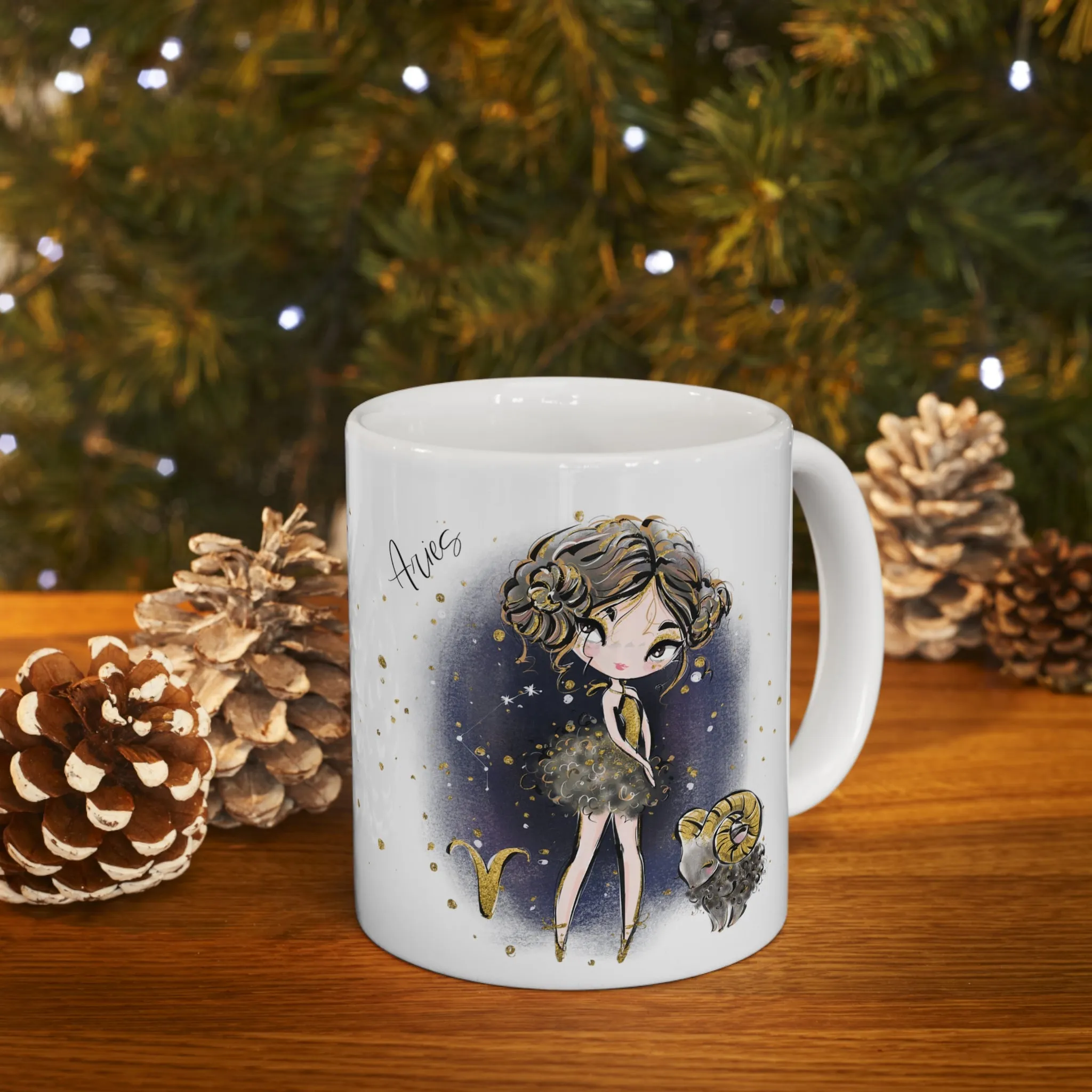 Personalised/Non Personalised Zodiac Sign, Aries, Ceramic Mug 11oz Brunette Hair - Brown Eyes - Bg