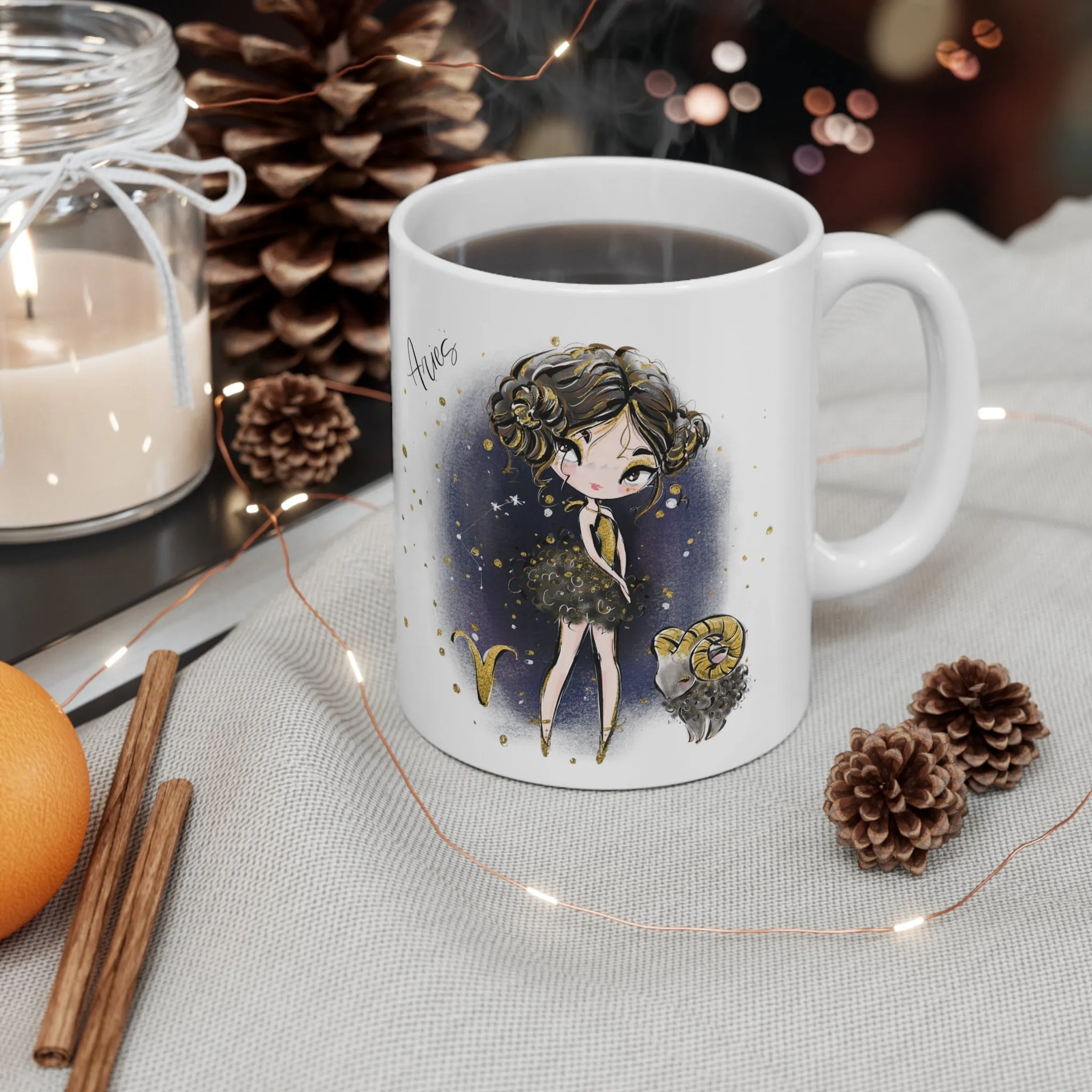 Personalised/Non Personalised Zodiac Sign, Aries, Ceramic Mug 11oz Brunette Hair - Brown Eyes