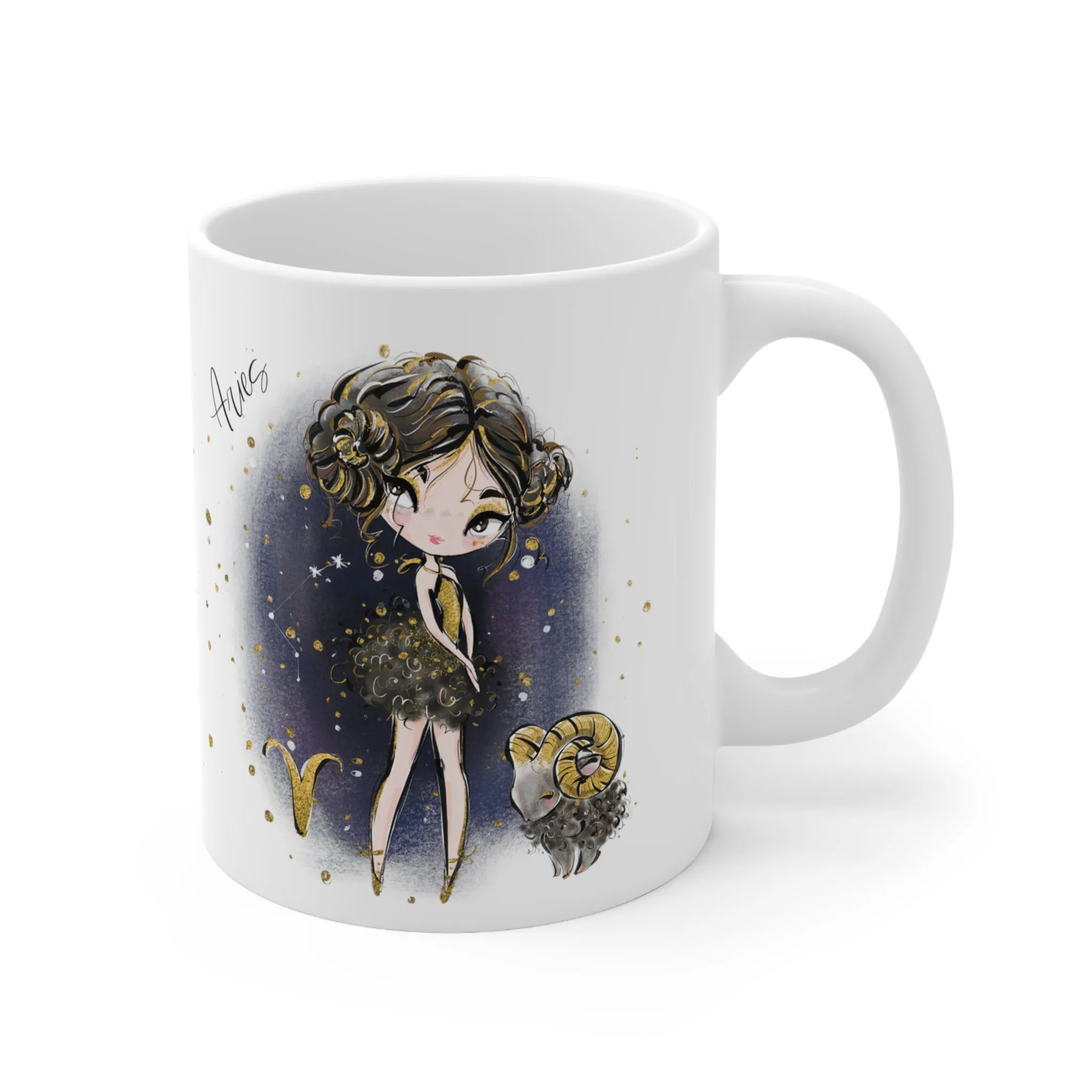 Personalised/Non Personalised Zodiac Sign, Aries, Ceramic Mug 11oz Brunette Hair - Brown Eyes