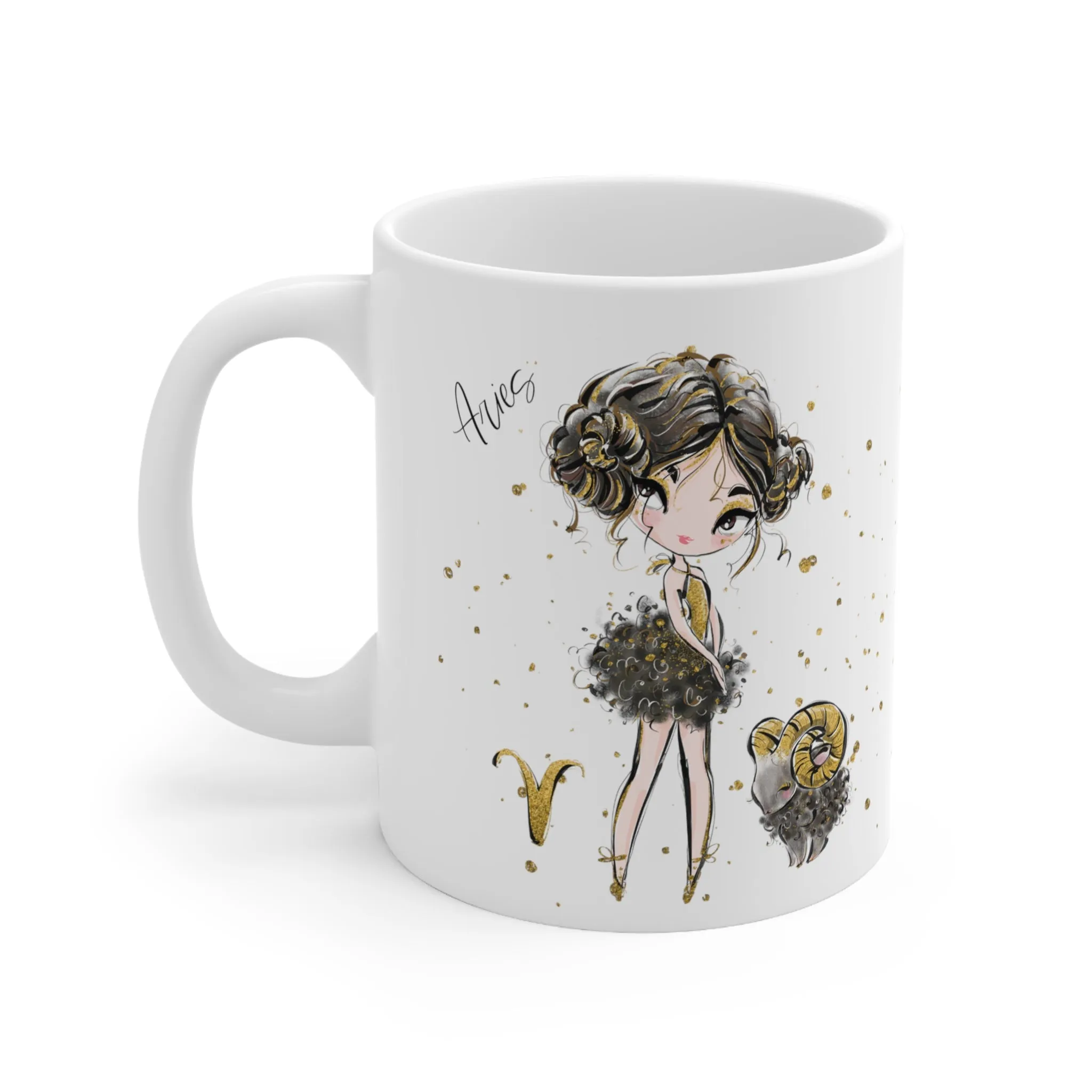 Personalised/Non Personalised Zodiac Sign, Aries, Ceramic Mug 11oz - Brunette Hair - Brown Eyes