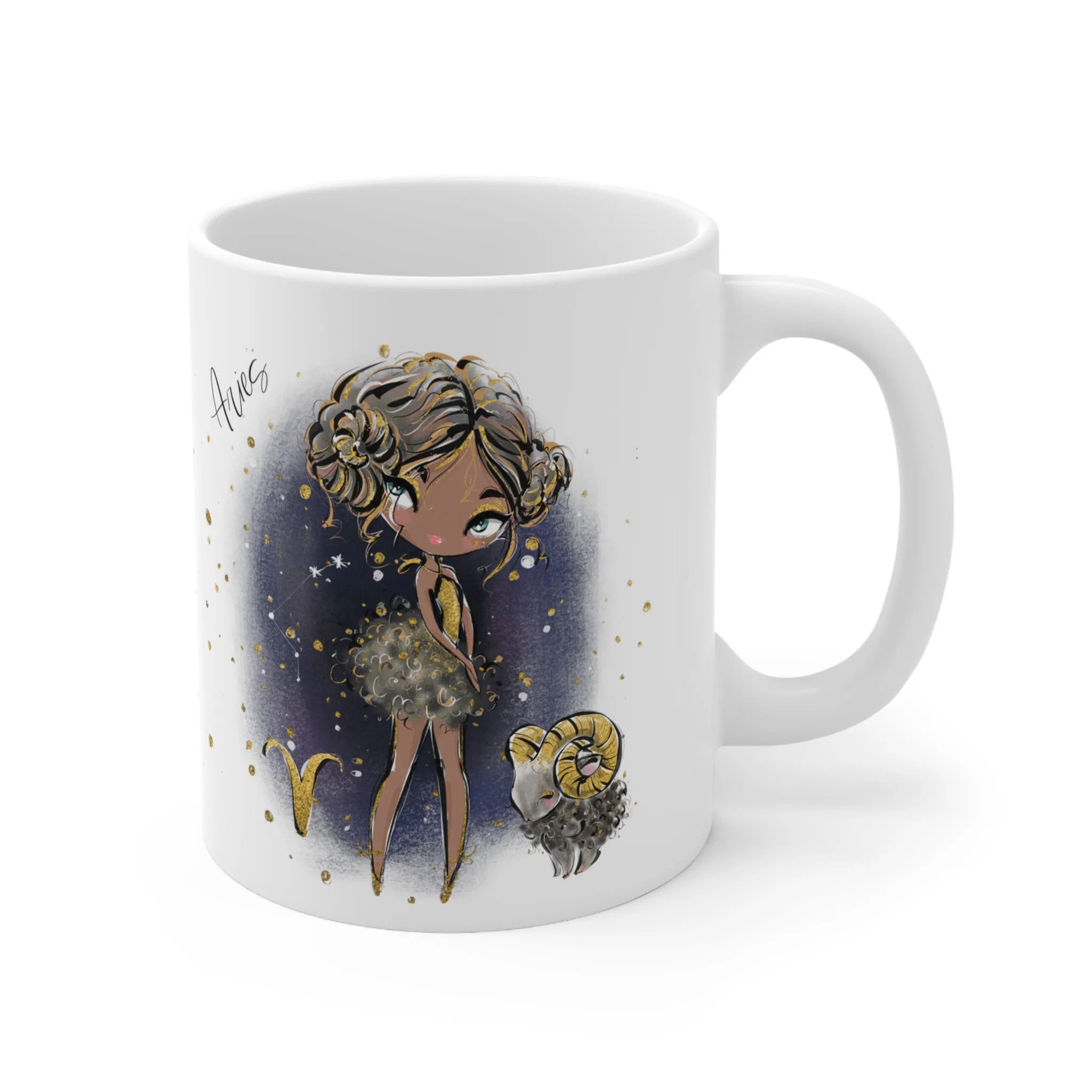 Personalised/Non Personalised Zodiac Sign, Aries, Ceramic Mug 11oz Brunette Hair - Olive Skin - Blue Eyes - Bg