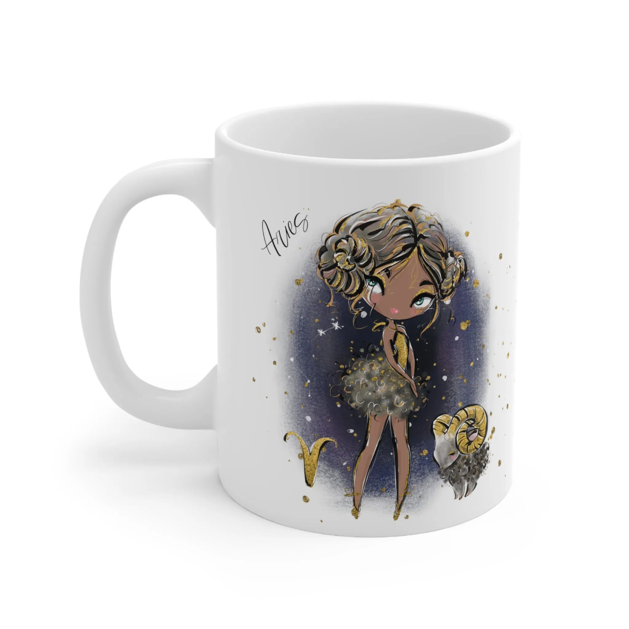 Personalised/Non Personalised Zodiac Sign, Aries, Ceramic Mug 11oz Brunette Hair - Olive Skin - Blue Eyes - Bg