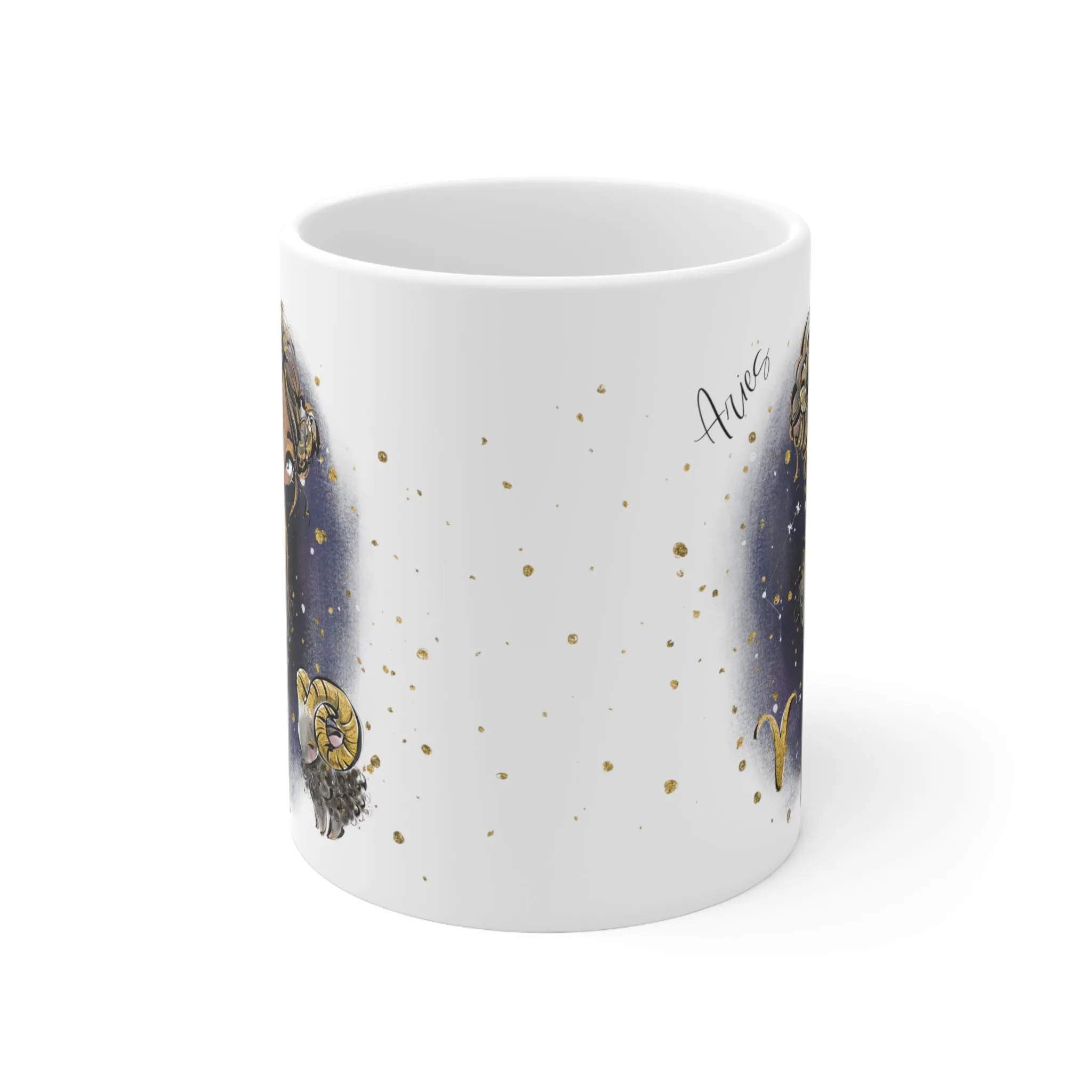 Personalised/Non Personalised Zodiac Sign, Aries, Ceramic Mug 11oz Brunette Hair - Olive Skin - Blue Eyes - Bg