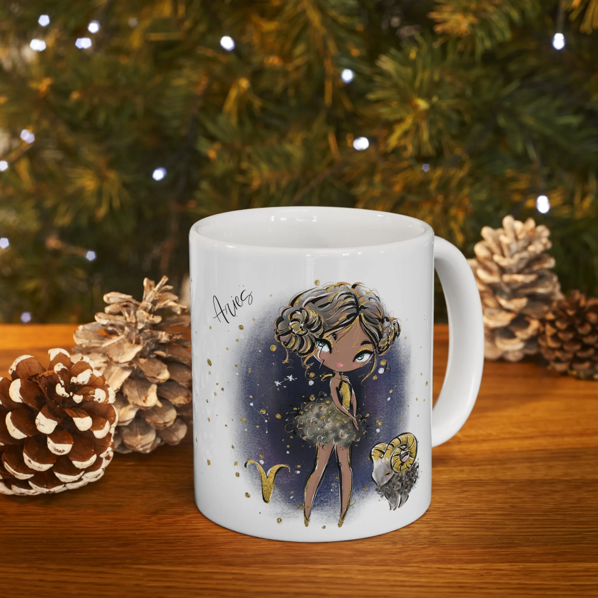 Personalised/Non Personalised Zodiac Sign, Aries, Ceramic Mug 11oz Brunette Hair - Olive Skin - Blue Eyes - Bg