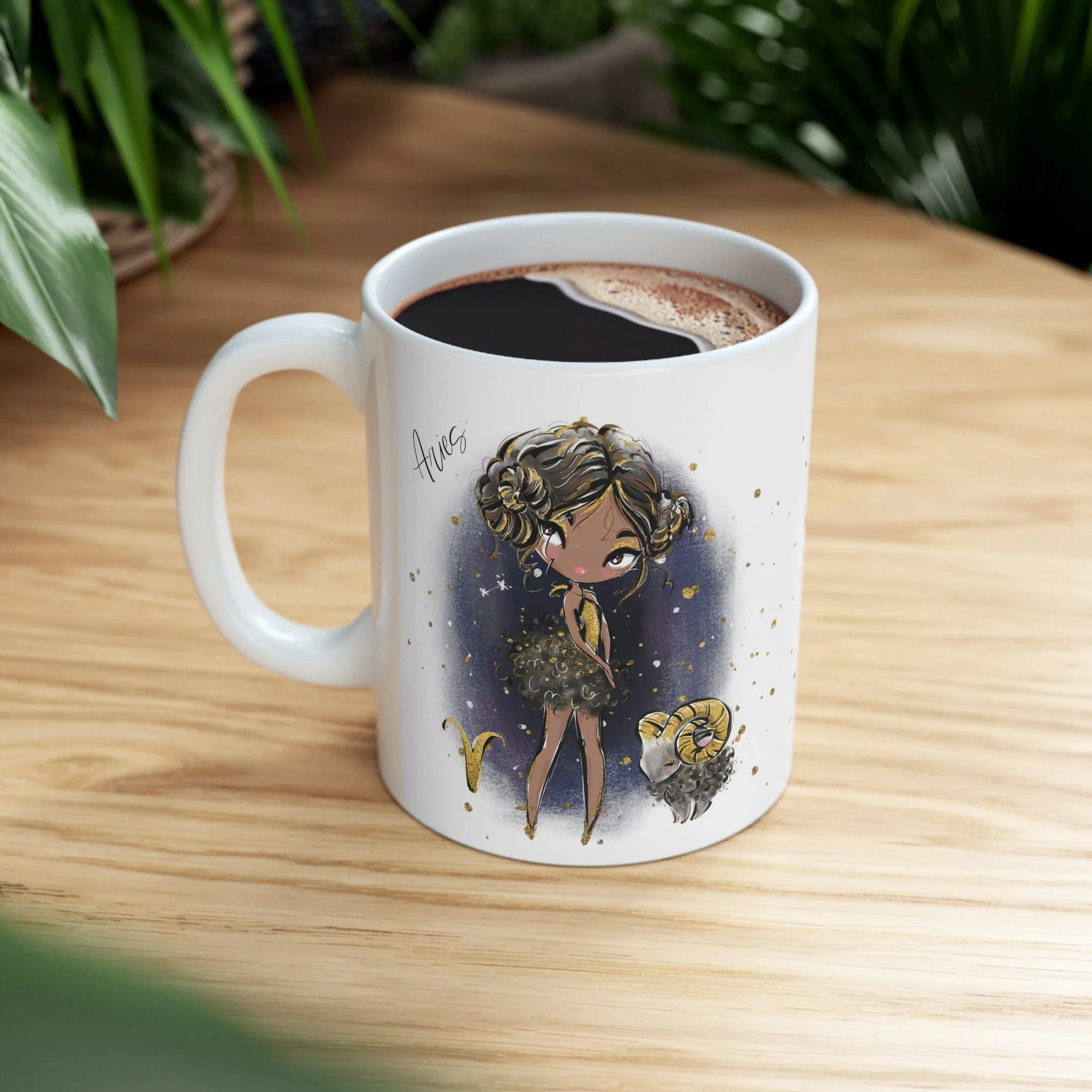 Personalised/Non Personalised Zodiac Sign, Aries, Ceramic Mug 11oz Brunette Hair - Olive Skin - Brown Eyes - Bg