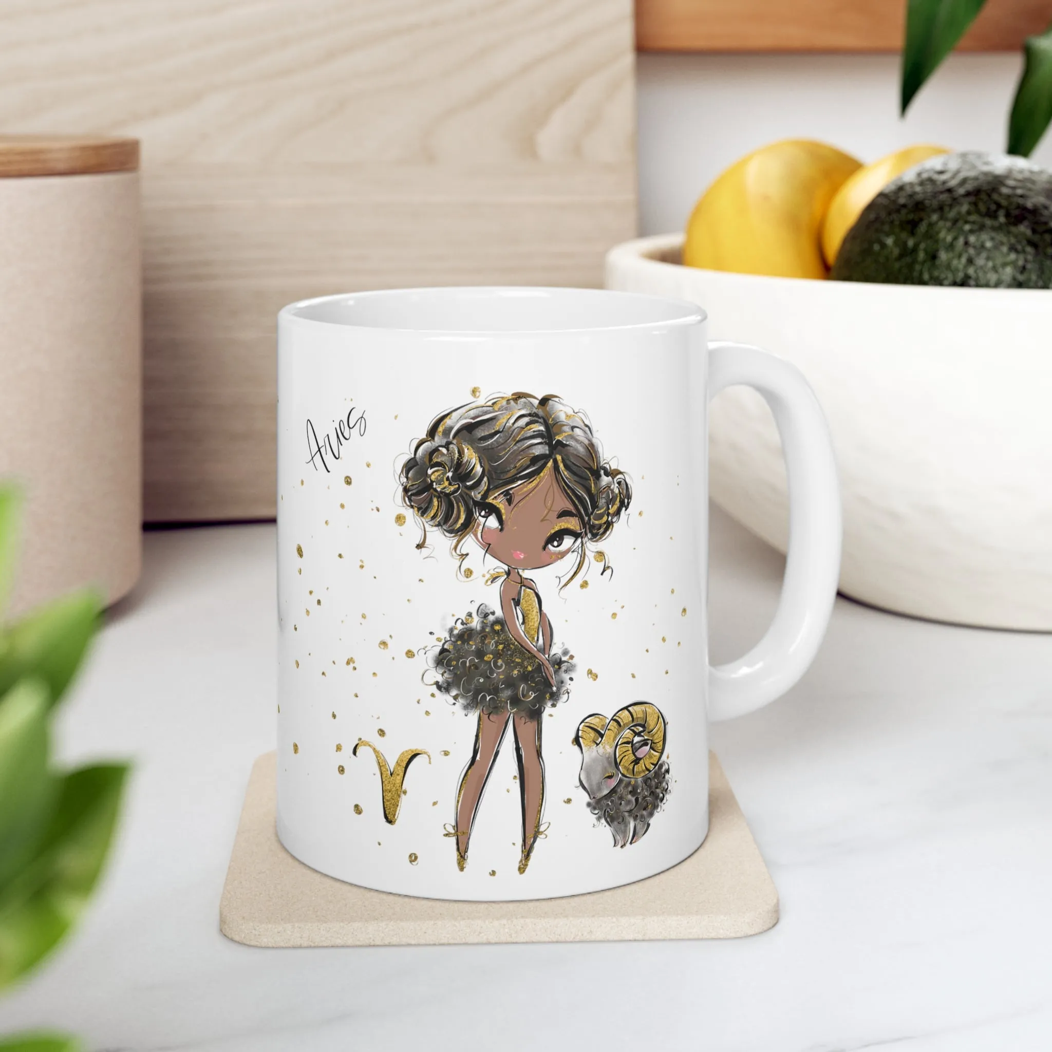 Personalised/Non Personalised Zodiac Sign, Aries, Ceramic Mug 11oz Brunette Hair - Olive Skin - Brown Eyes