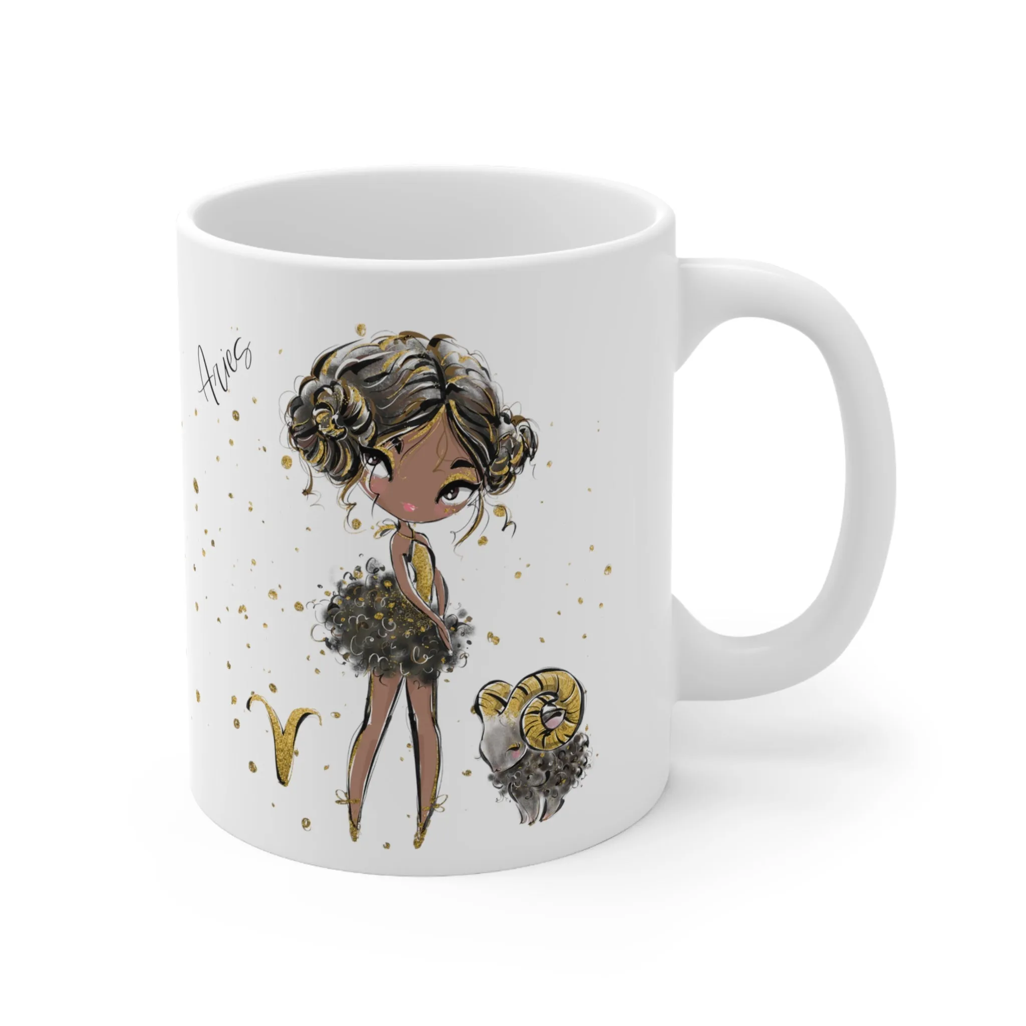 Personalised/Non Personalised Zodiac Sign, Aries, Ceramic Mug 11oz Brunette Hair - Olive Skin - Brown Eyes