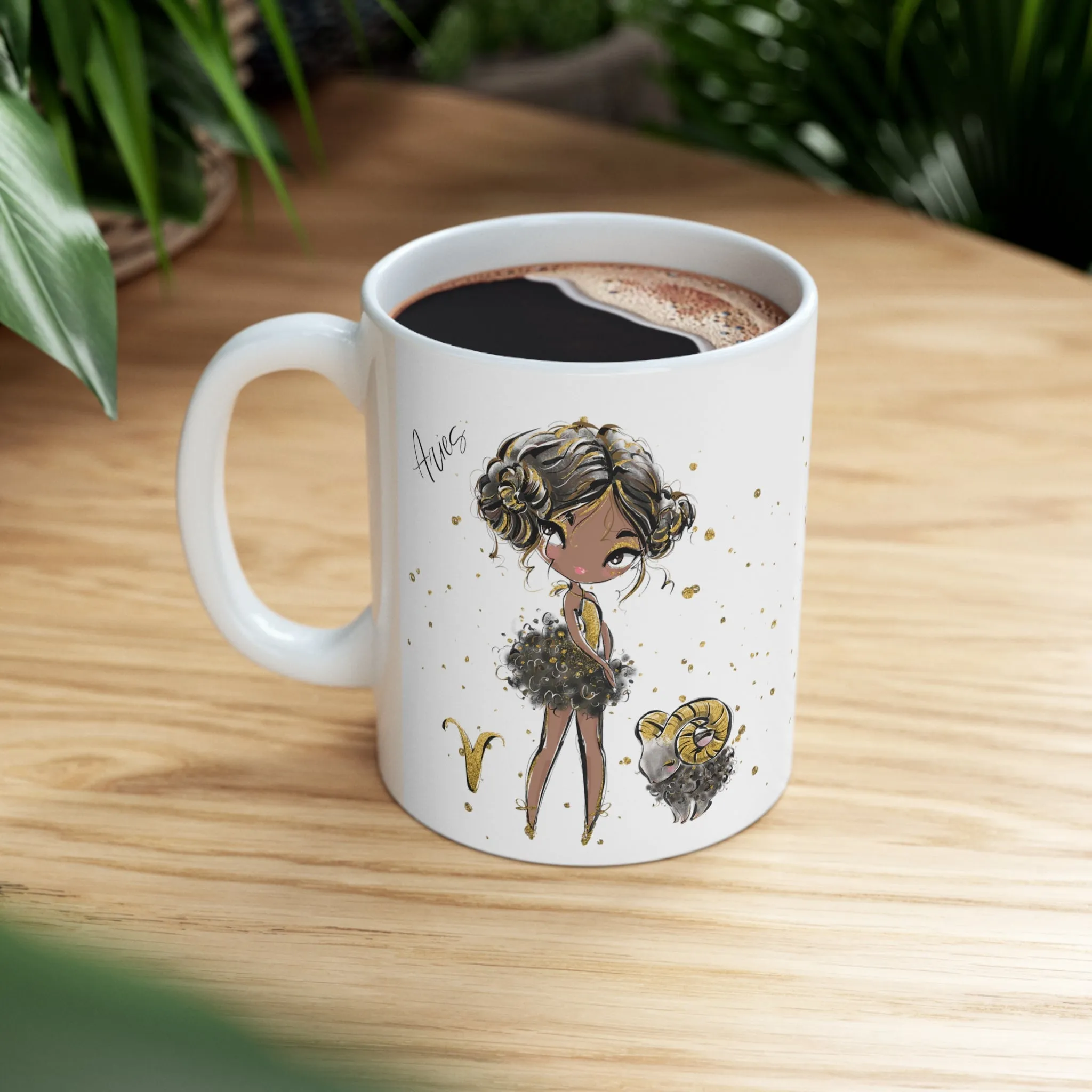 Personalised/Non Personalised Zodiac Sign, Aries, Ceramic Mug 11oz Brunette Hair - Olive Skin - Brown Eyes