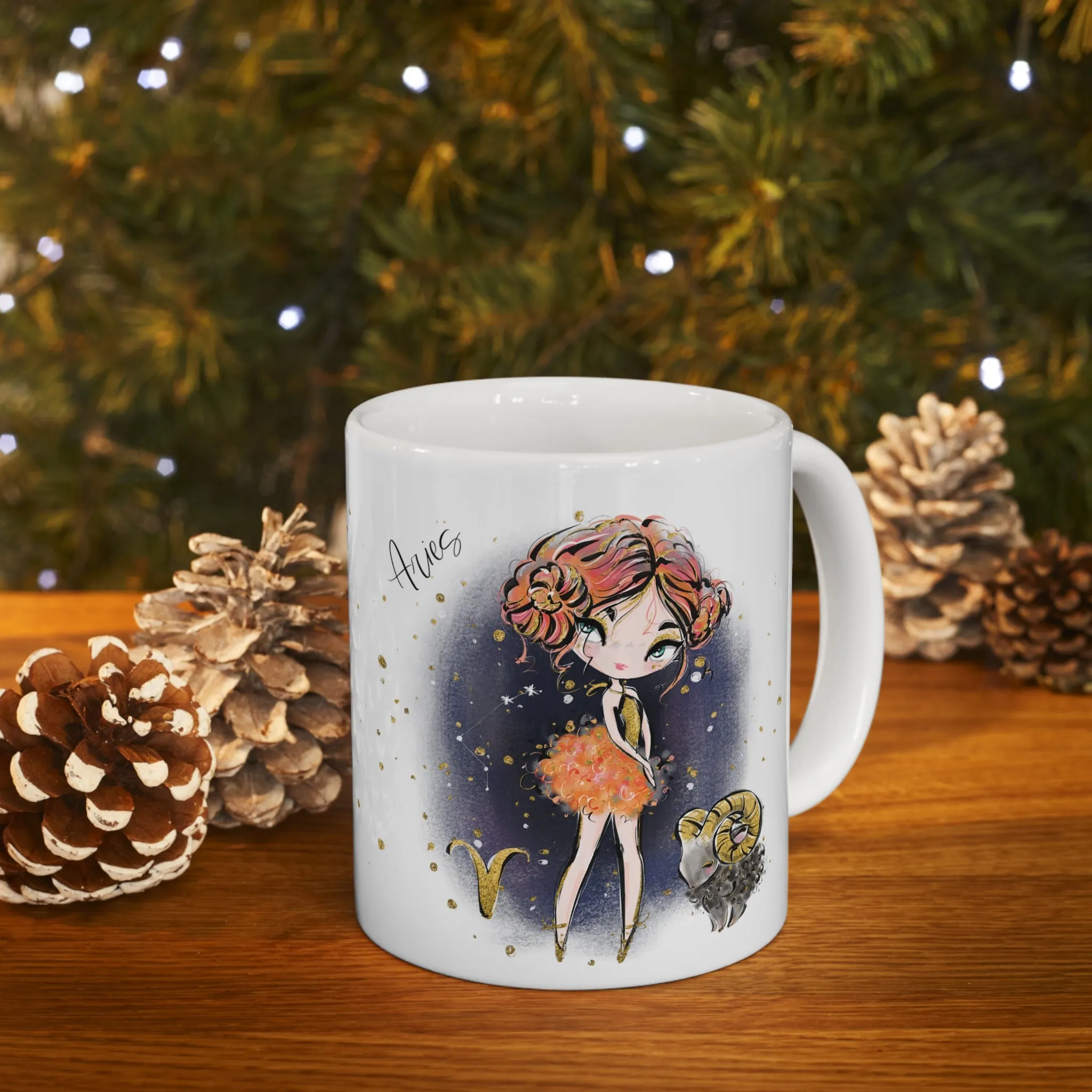 Personalised/Non Personalised Zodiac Sign, Aries, Ceramic Mug 11oz Red Hair - Blue Eyes - Bg