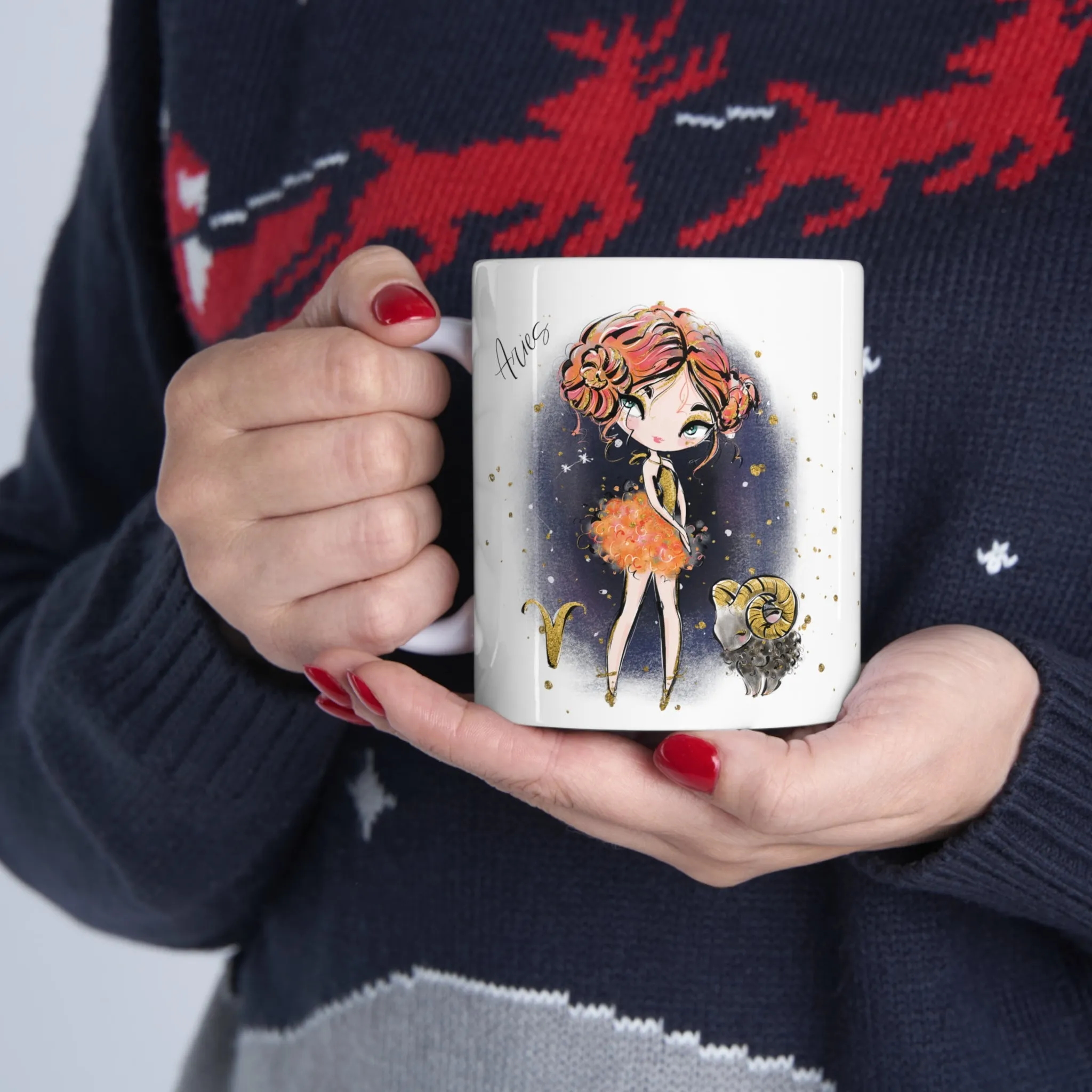 Personalised/Non Personalised Zodiac Sign, Aries, Ceramic Mug 11oz Red Hair - Blue Eyes - Bg