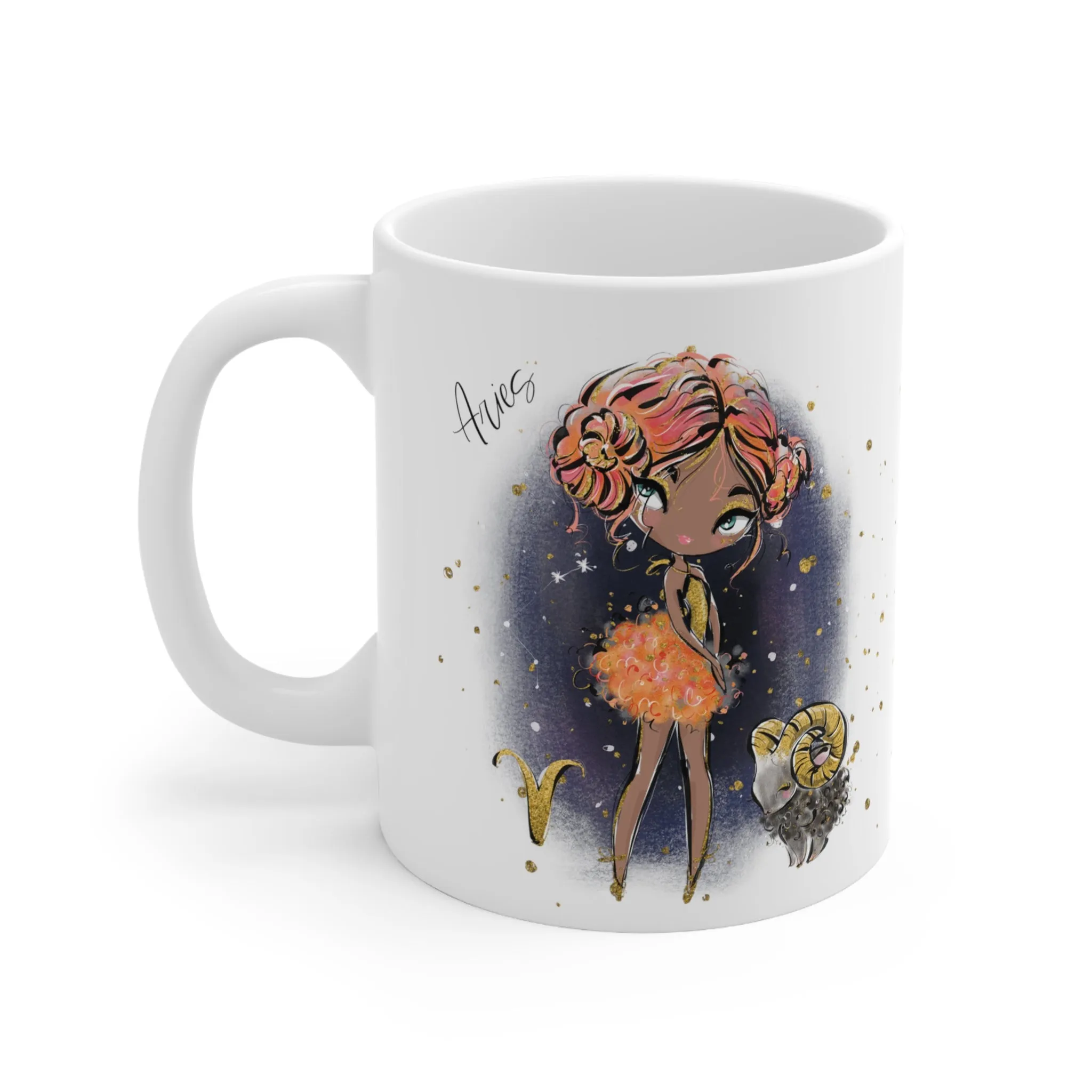 Personalised/Non Personalised Zodiac Sign, Aries, Ceramic Mug 11oz Red Hair - Olive Skin - Blue Eyes - Bg