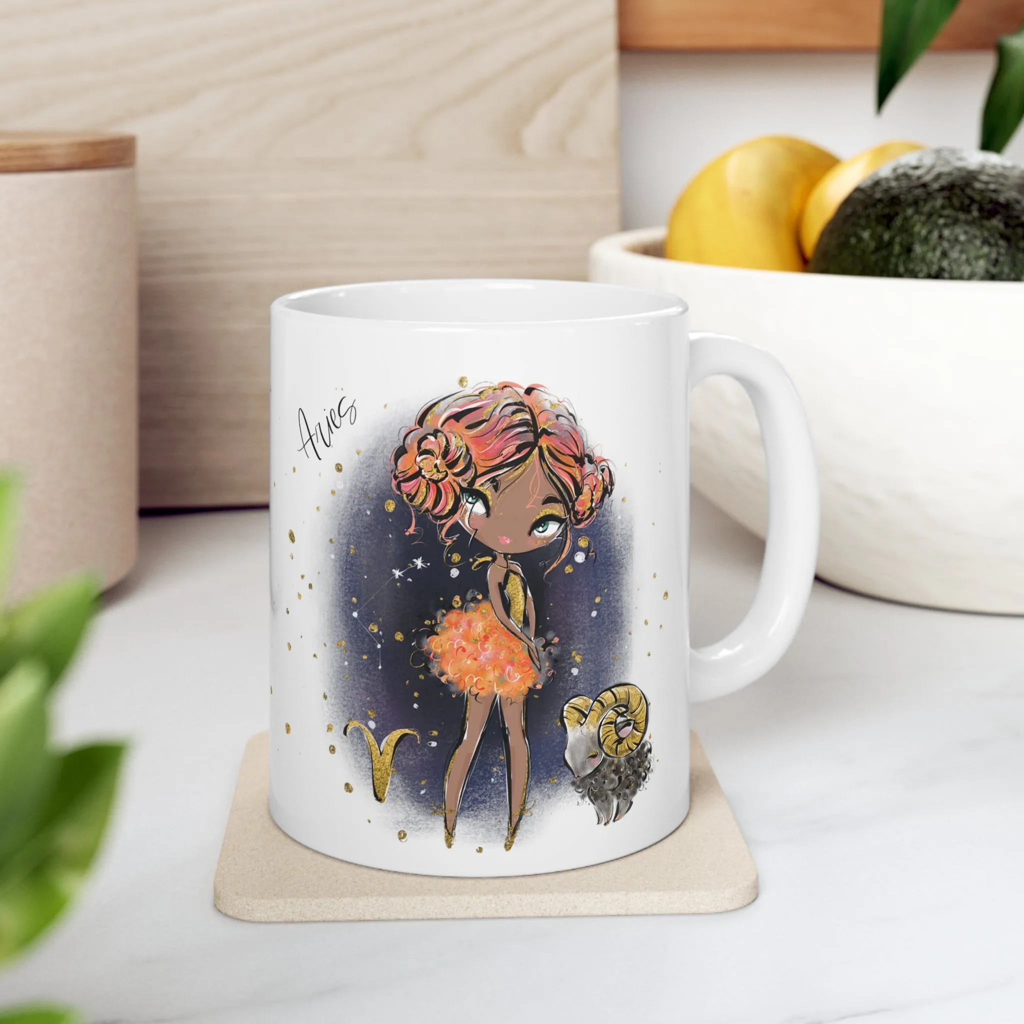 Personalised/Non Personalised Zodiac Sign, Aries, Ceramic Mug 11oz Red Hair - Olive Skin - Blue Eyes - Bg