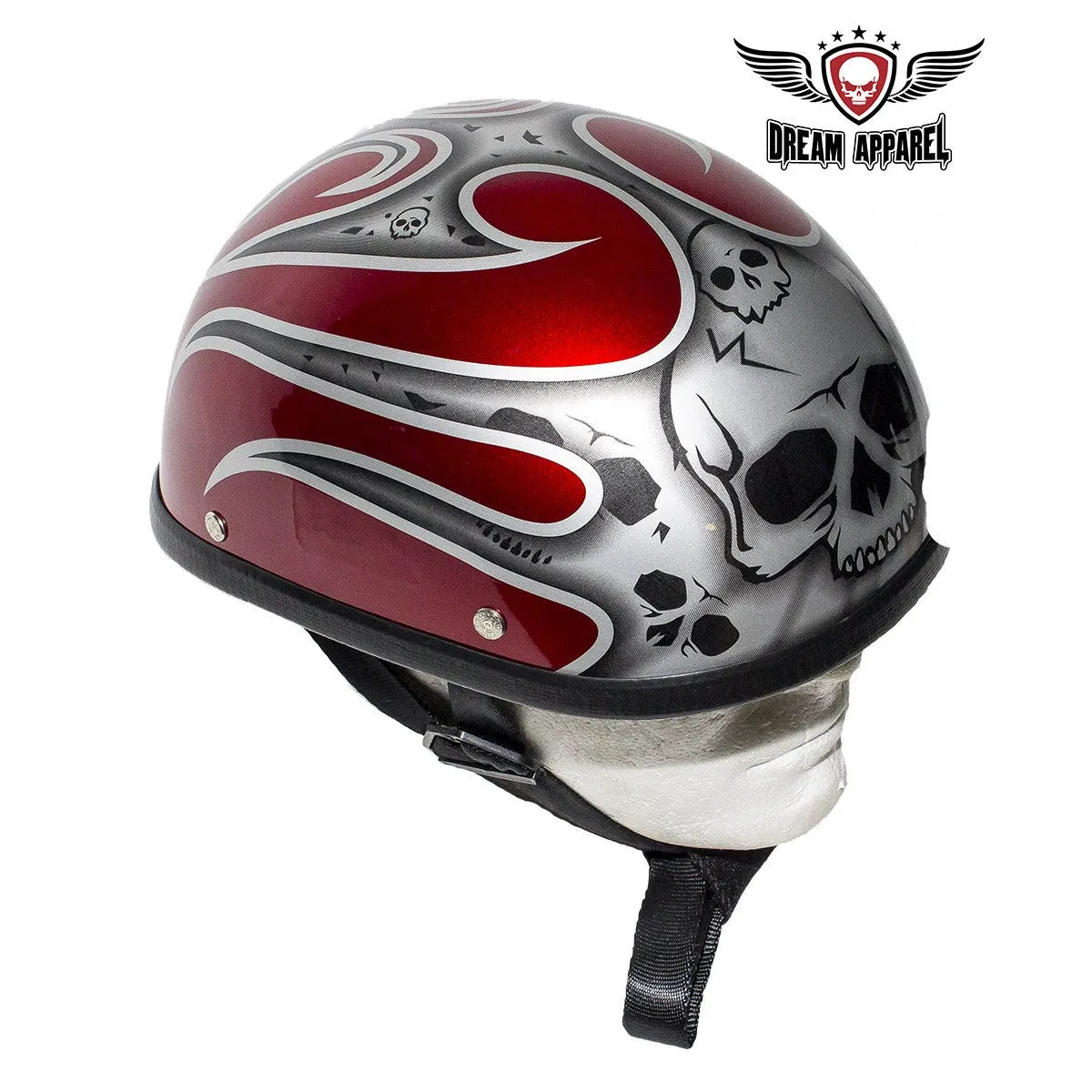 Shiny Red Novelty Helmet with Silver Flames and Skulls