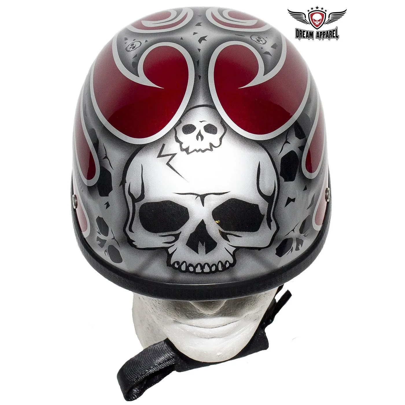 Shiny Red Novelty Helmet with Silver Flames and Skulls