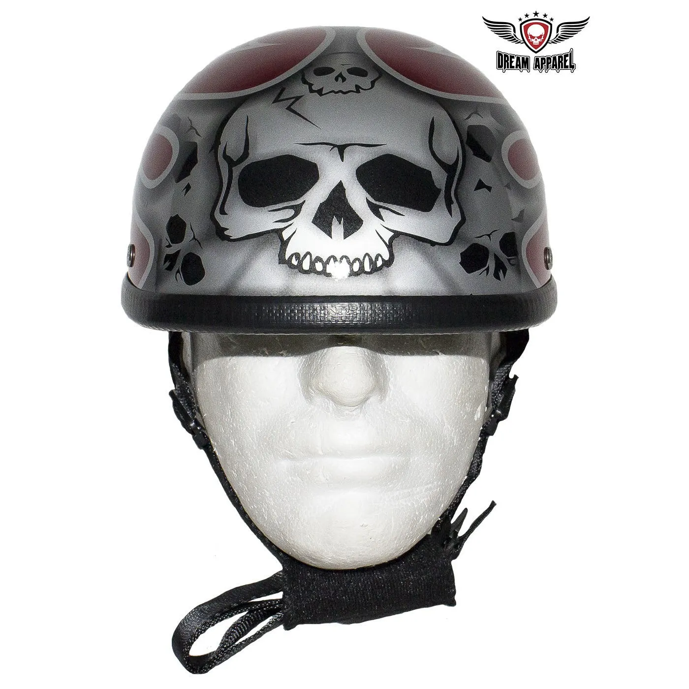 Shiny Red Novelty Helmet with Silver Flames and Skulls