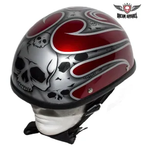 Shiny Red Novelty Helmet with Silver Flames and Skulls