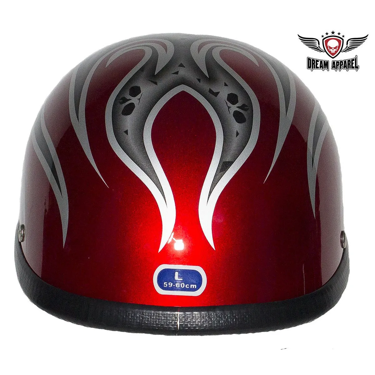 Shiny Red Novelty Helmet with Silver Flames and Skulls