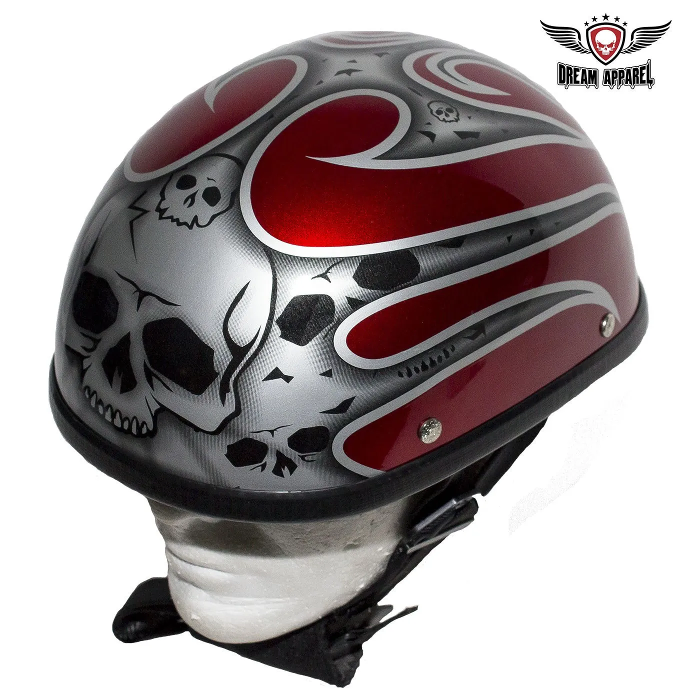 Shiny Red Novelty Helmet with Silver Flames and Skulls